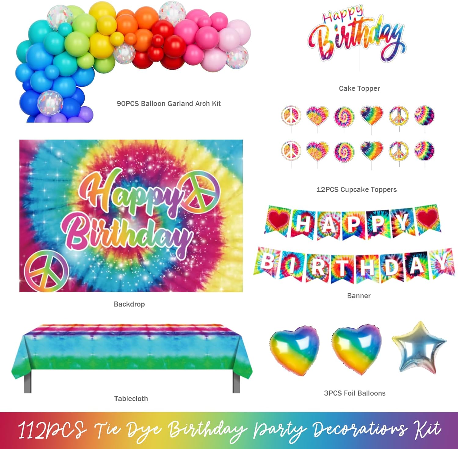 Tie Dye Birthday Party Decorations – 112PCs Rainbow Tie Dye Themed Party Supplies Set with Colorful Backdrop, Balloon Garland, Banner, Tablecloth, Cake Cupcake Topper