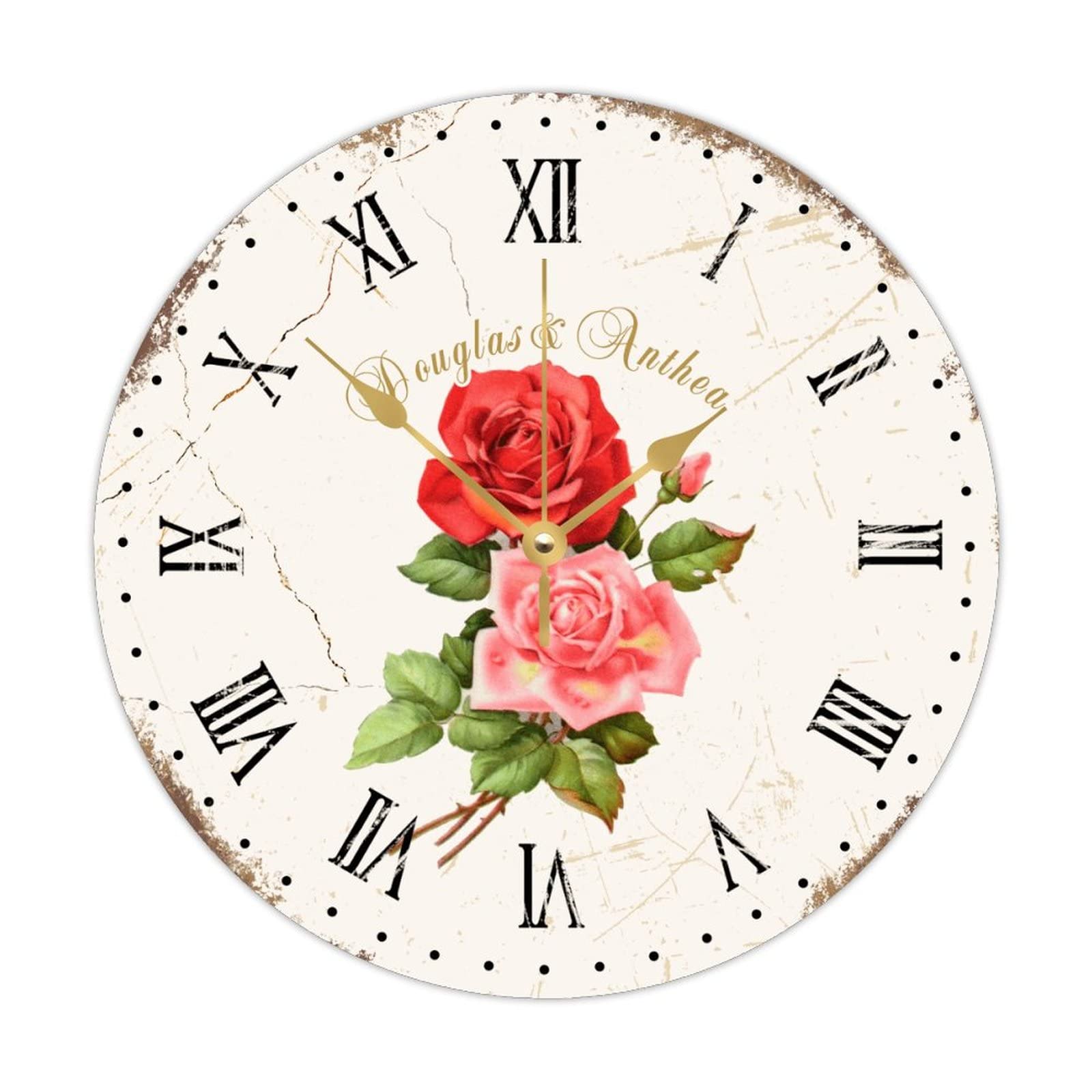 Horloge murale vintage haut de gamme en bois massif avec fleurs de 38 cm