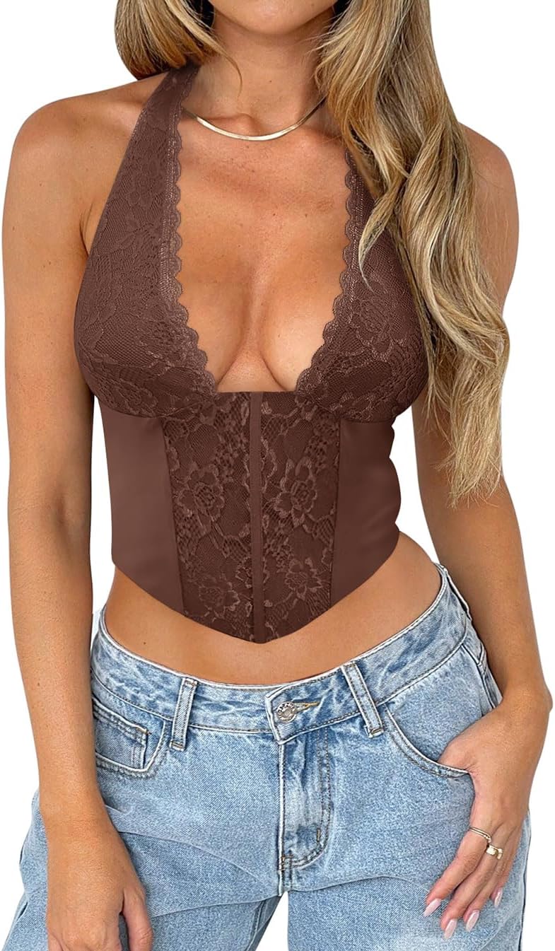 Women Sexy Lace Halter Neck Tank Top Sleeveless Backless Y2k Trendy Going Out Corset Crop Tops - Image 4