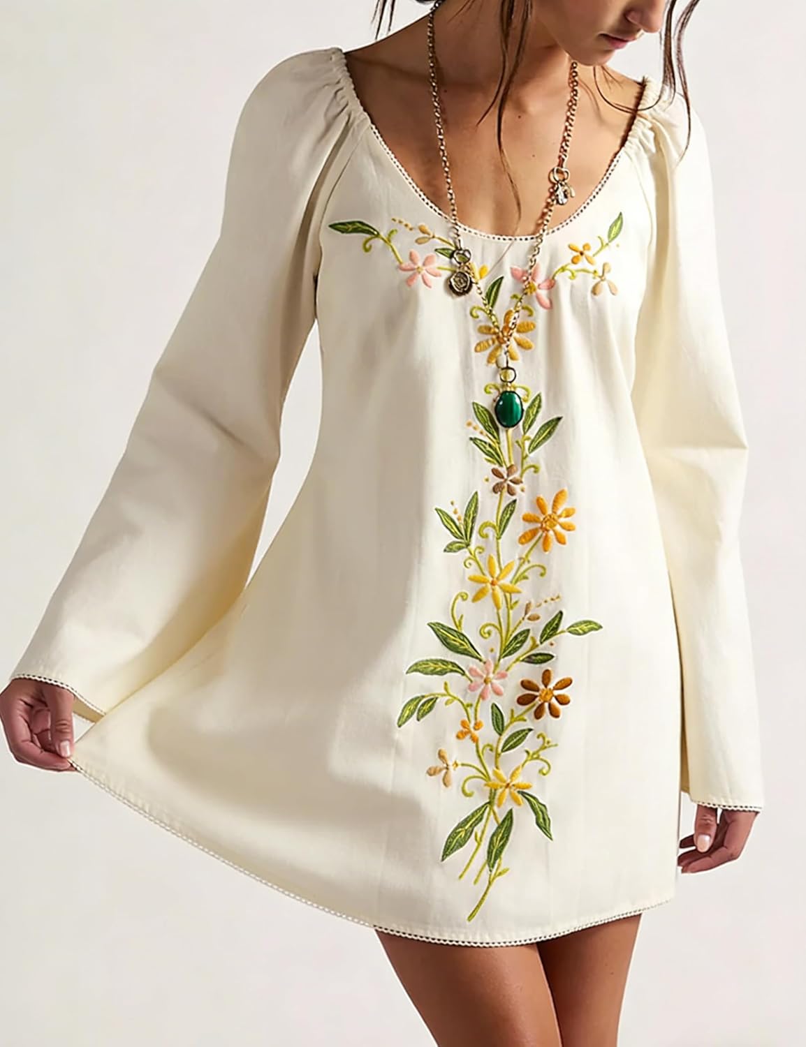 Women's Boho Embroidery Crewneck Mini Dress - Casual Long Sleeve Babydoll Swing Dress Summer Beach Cover Up