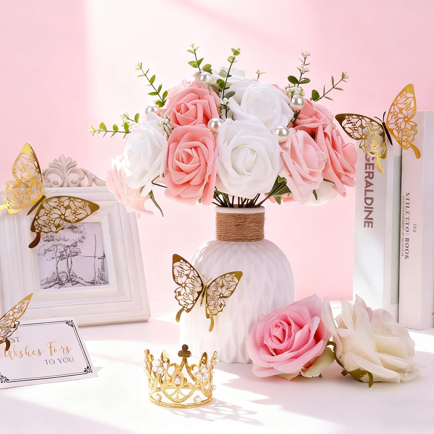 Pink Flower Bouquet Kit, Artificial Pink Rose Bouquet Everlasting Flowers Fake Bouquet for Valentines, Anniversary, Engagement, Wedding, 24 Roses - Image 3