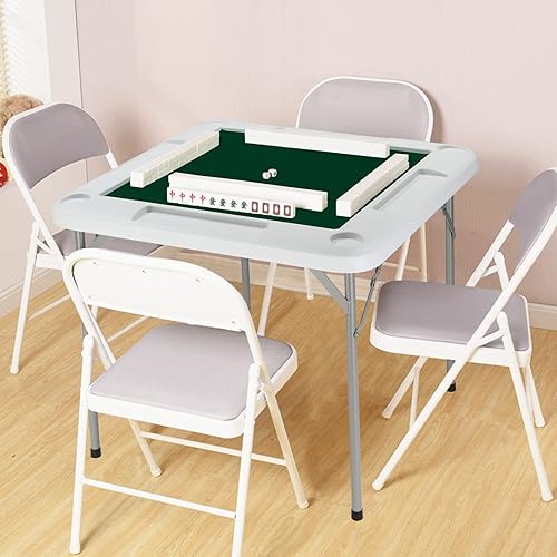 Miniatura 7 de PEXMOR Mesa Mahjong plegable de 35 pulgadas mesa de juego de cartas de dominó de póquer portátil 4 jugadores con portavasos y ranuras para chips