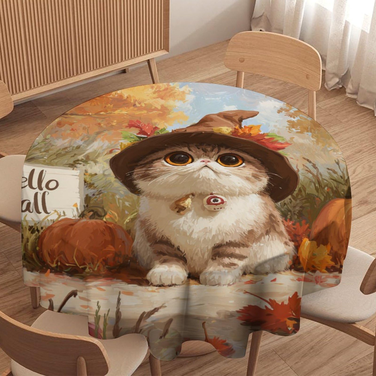 LUYYSKY Classic Cartoon Cute Cats Waterproof Round Tablecloth Funny Cartoon Thanksgiving Autumn Animals Cats Kitten Pattern Washable Table Cover for Kitchen-177.8" Wx177.8 L cm