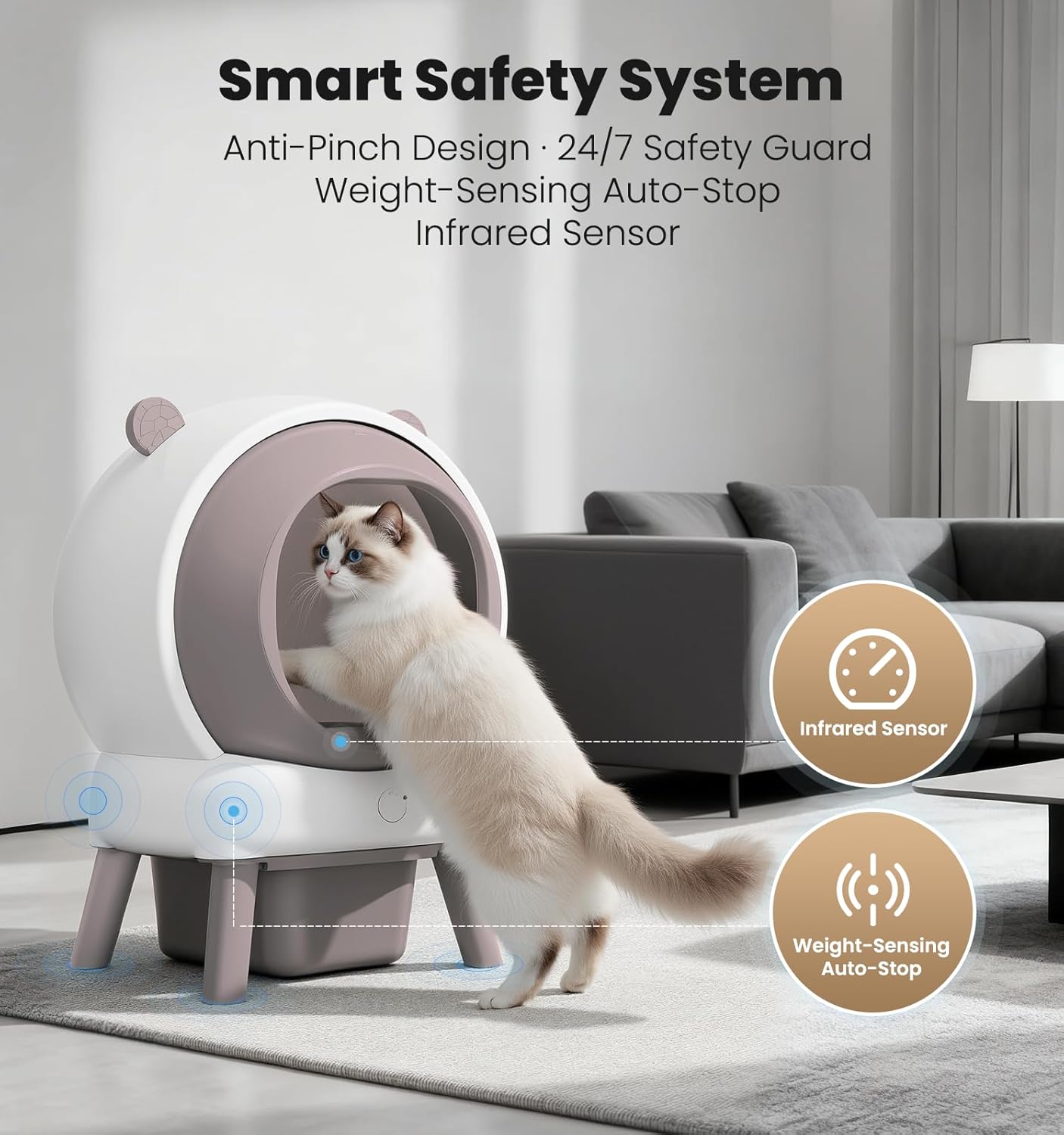 Self Cleaning Litter Box for Multiple Cats, Automatic Litter Box with APP Real-Time Monitor, Dual Safety Protection, Odor-Free Waste Disposal Includes Trash Bags, Pink