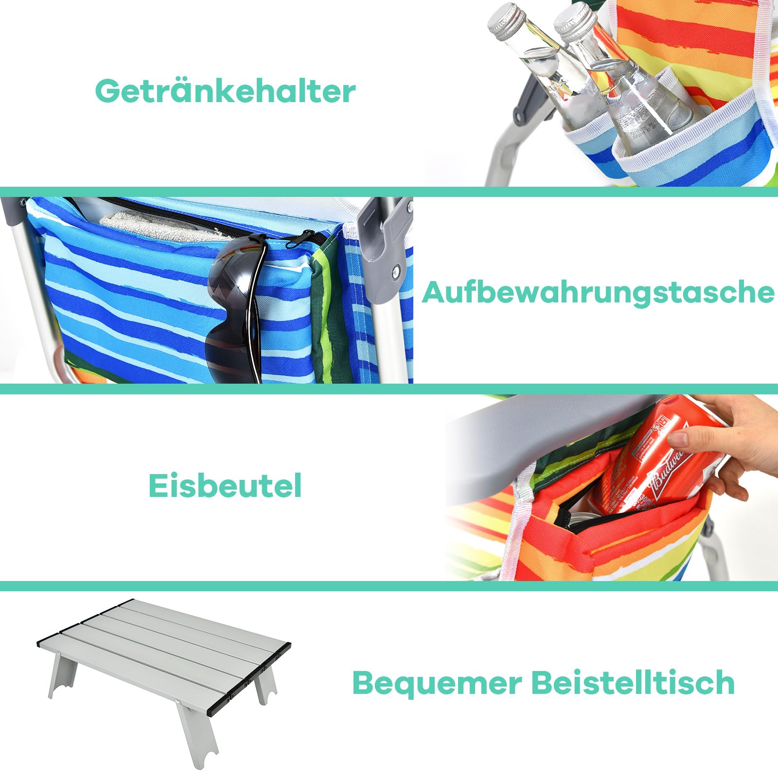 COSTWAY Strandstühle und Tisch Set, klappbare Campingstühle mit Verstellbarer Rückenlehne, Kopfstütze, Seitentaschen, Eisbeutel, Armlehnen & Schultergurten, Klappstühle leicht, Mehrfarbig