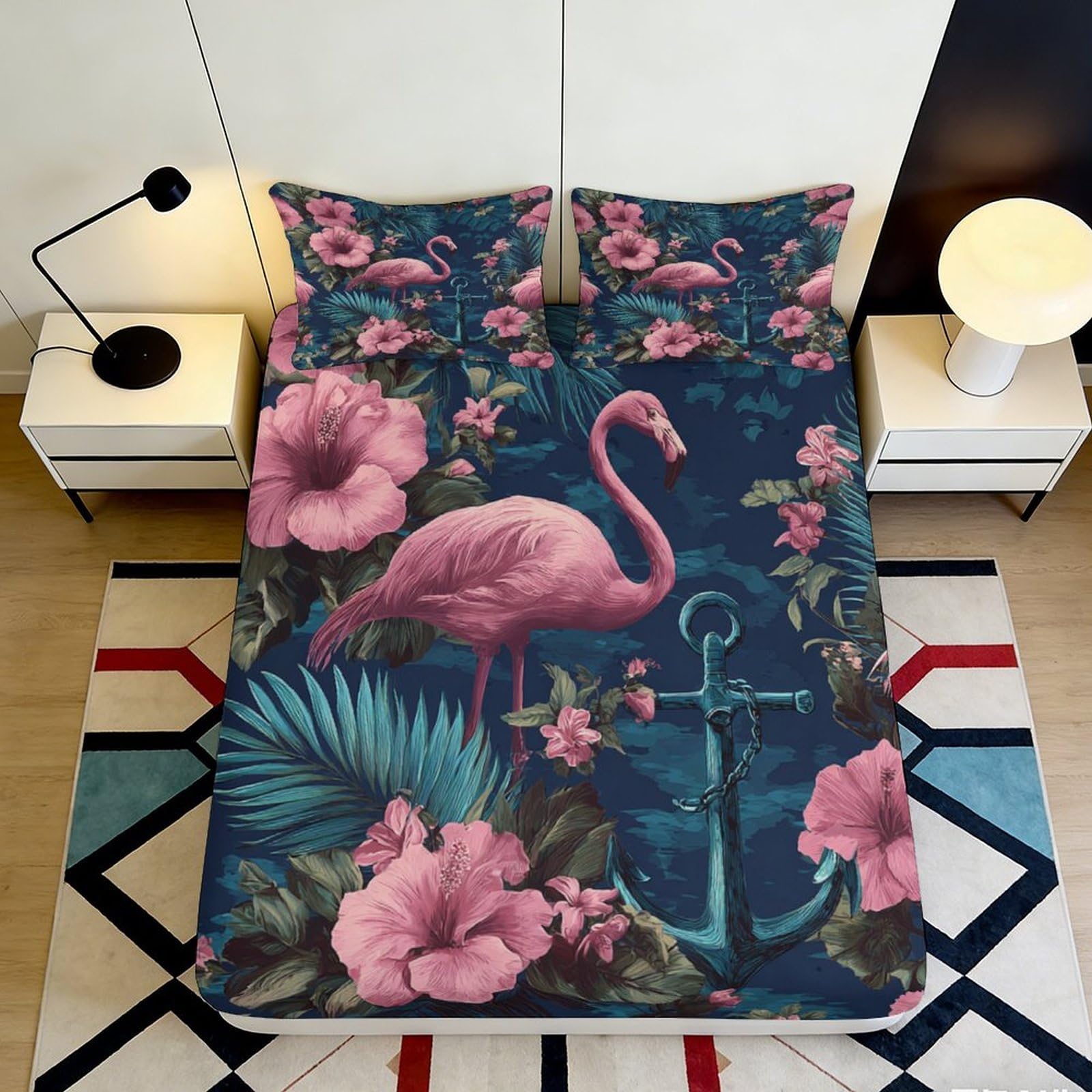 3D Printed Flamingo Floral Fitted Sheet Microfiber Soft Durable Tropical Bed Cover for Bedroom Dormitory Guest Room Mattress Protection 160x200x25cm