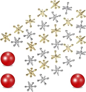 Legigo 3 Sets Retro Metal Jacks & Ball Game Kit - 30 Gold/Silver Jacks, 3 Red Balls - Classic Hand-Eye Coordination Toy for Kids Adults Party Favors