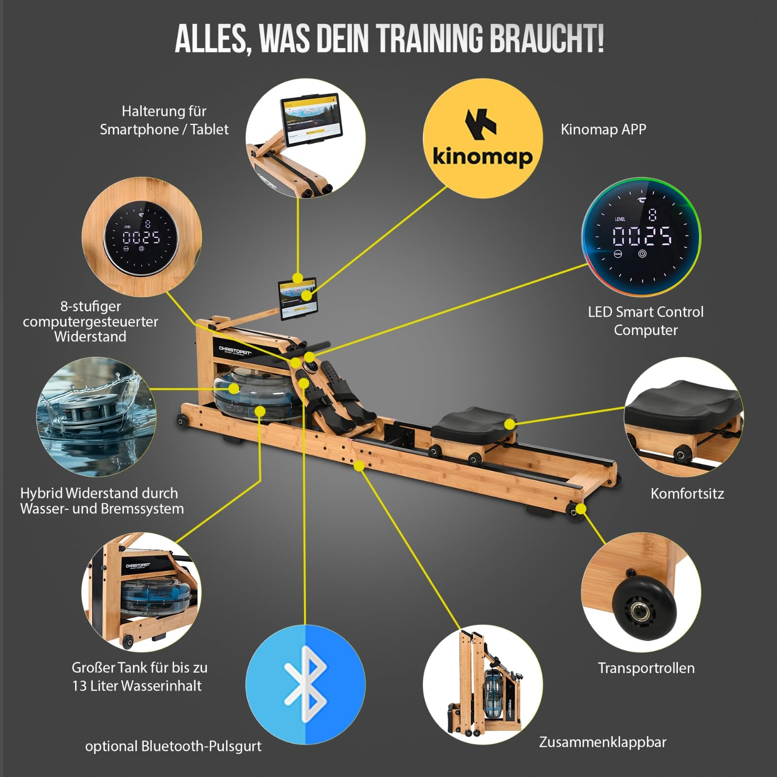 CHRISTOPEIT Rudergerät für Zuhause Wasser klappbar - WP 5000 (Testsieger) oder Colorado - Holz, Hybrid Wasser-Magnet-System, Kinomap, Bluetooth, bis 150 kg, ergonomisch