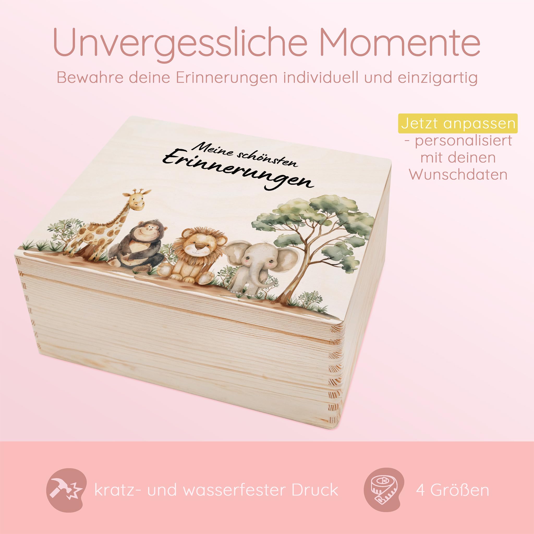 Bärenfreunde - TOP Personalisierte Erinnerungsbox Baby - Individuelle Babies Erstausstattung - Erinnerungskiste aus Holz - Geschenk zur Geburt als Taufgeschenk, Safari ohne Name
