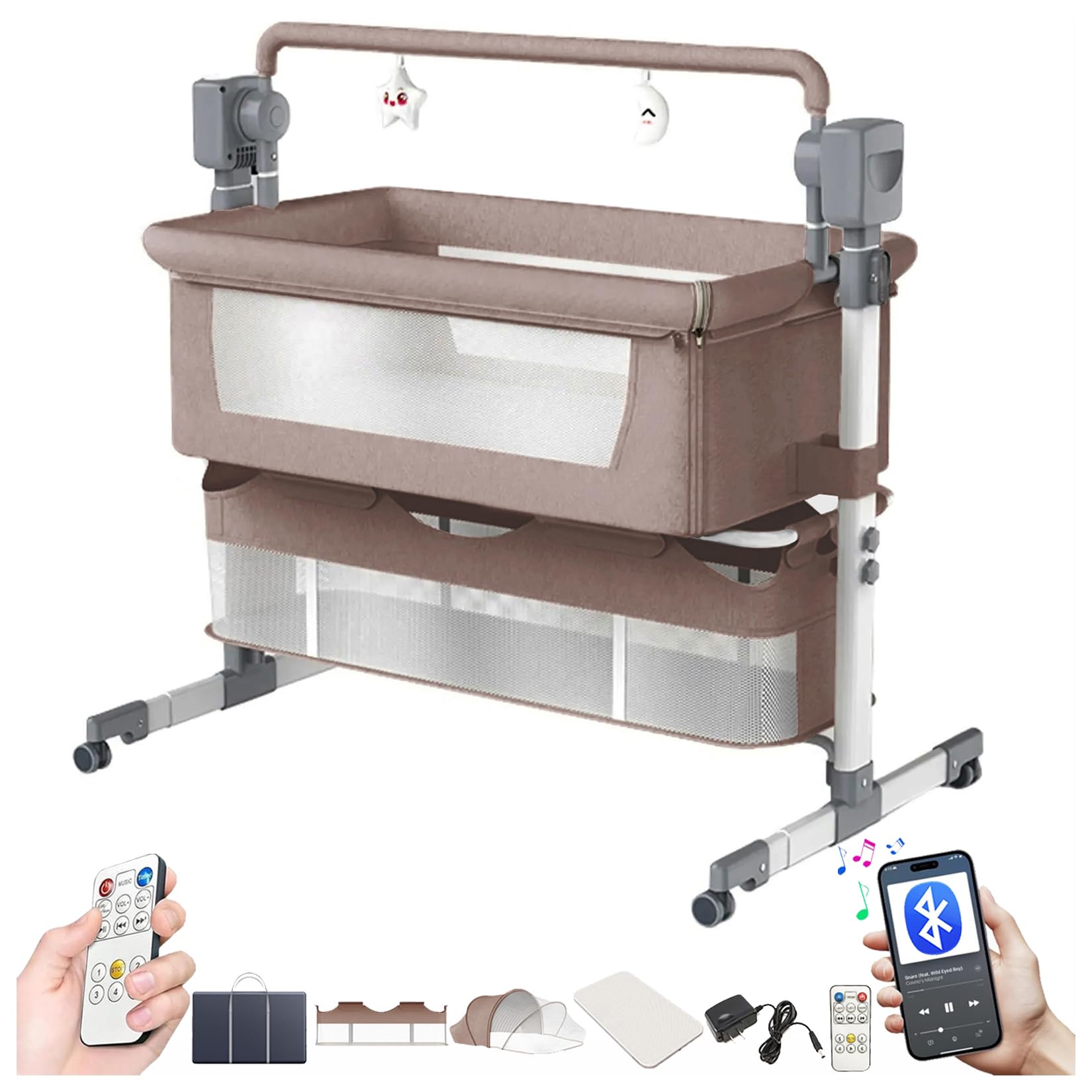 Electric Bluetooth Smart Next to Me Crib, Multi-functional Baby Bedside Crib, Height Adjustable Bedside Cribs Baby Bassinet (601 Khaki)