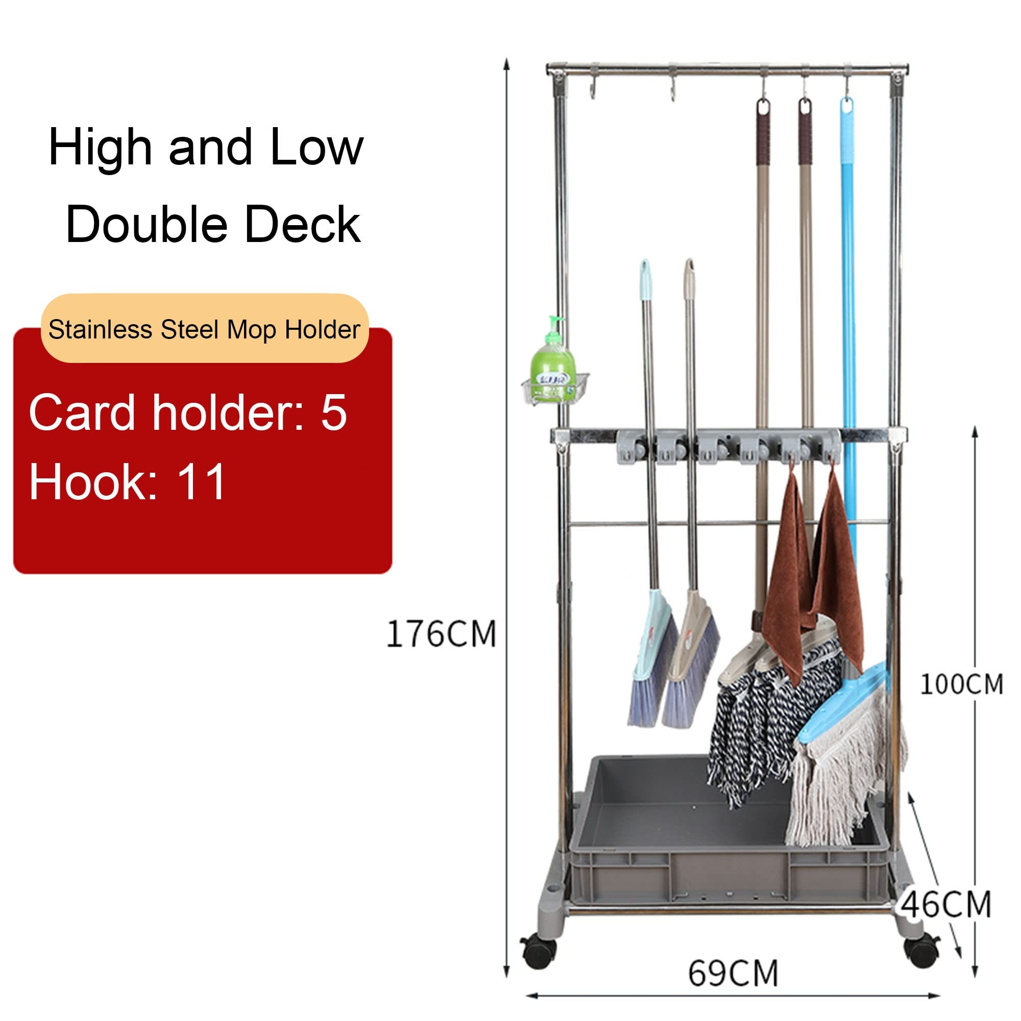 Movable Commercial Mop Rack,Floor Standing Cleaning Tool Cart Storage,Mop and Broom Garden Tool Holder,Housekeeping Cart, Umbrella Stand,Double Deck Stainless Steel Bracket,can Put Wet Mop (Color :