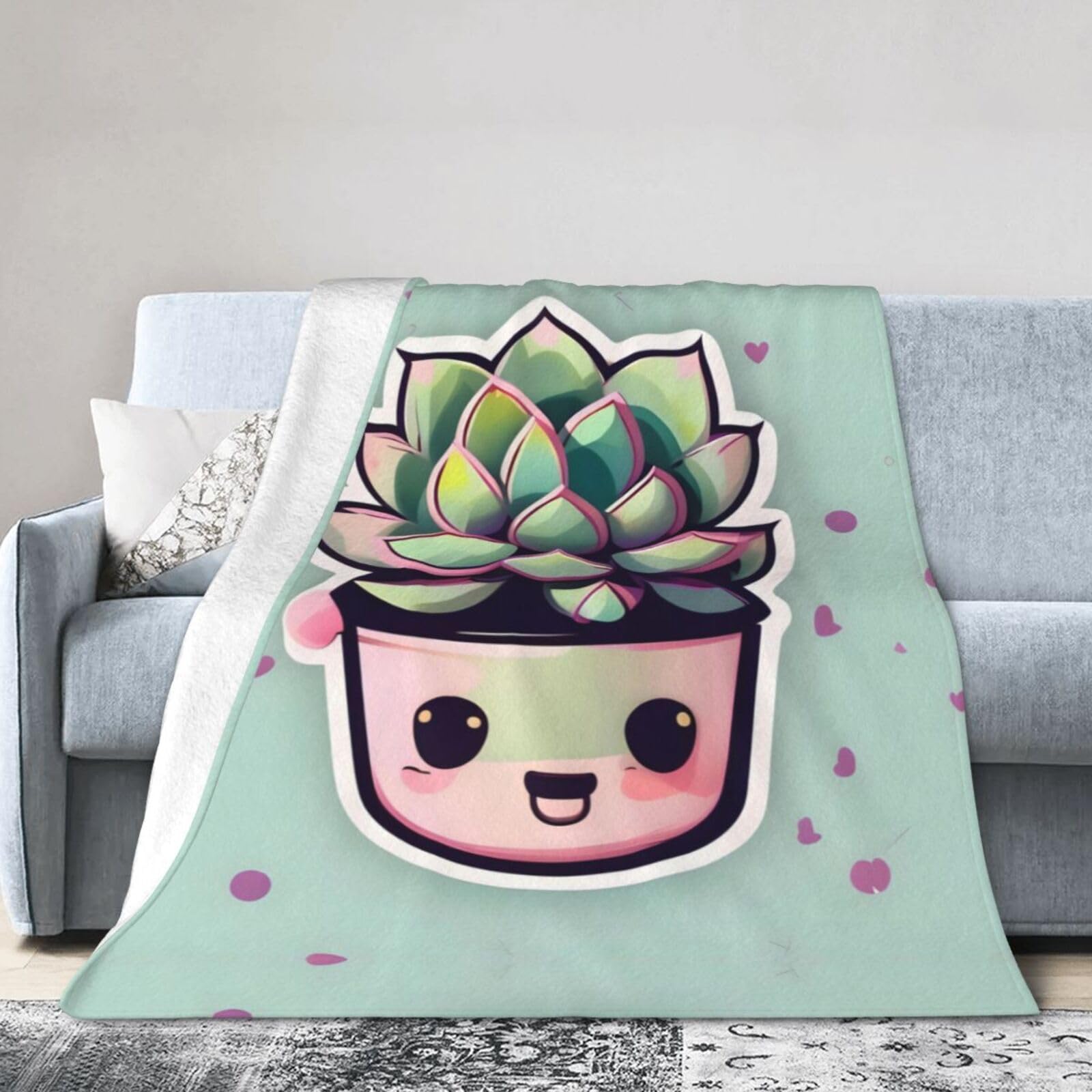 Smiling Succulents 60"x50" Fleece Blanket, Full Size, Super Soft, Suitable for Bed, Sofa, Camping, All Seasons