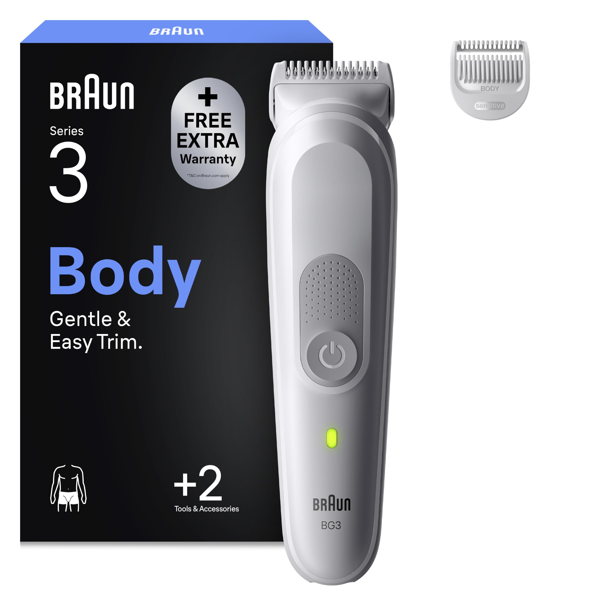 Braun Cortacésped Para El Cuerpo, Body Groomer Series 3, 3 Herramientas De Afeitado, Con Protección SkinGuard, Autonomía De 80 Min, Suave Para Zonas Sensibles, Afeitarse Y Cortar, Impermeable,
