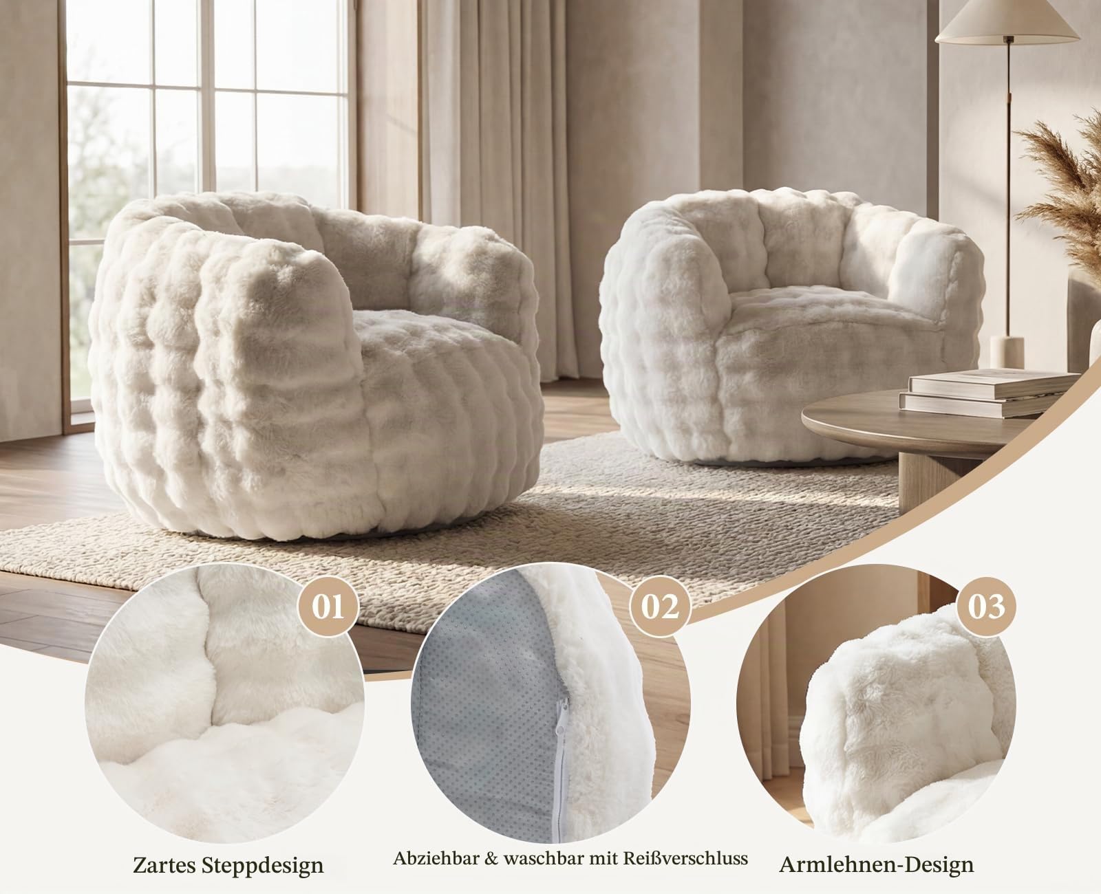 Sitzsack für Erwachsene, Bean Bag Sofa aus Kunstfell, Weiß