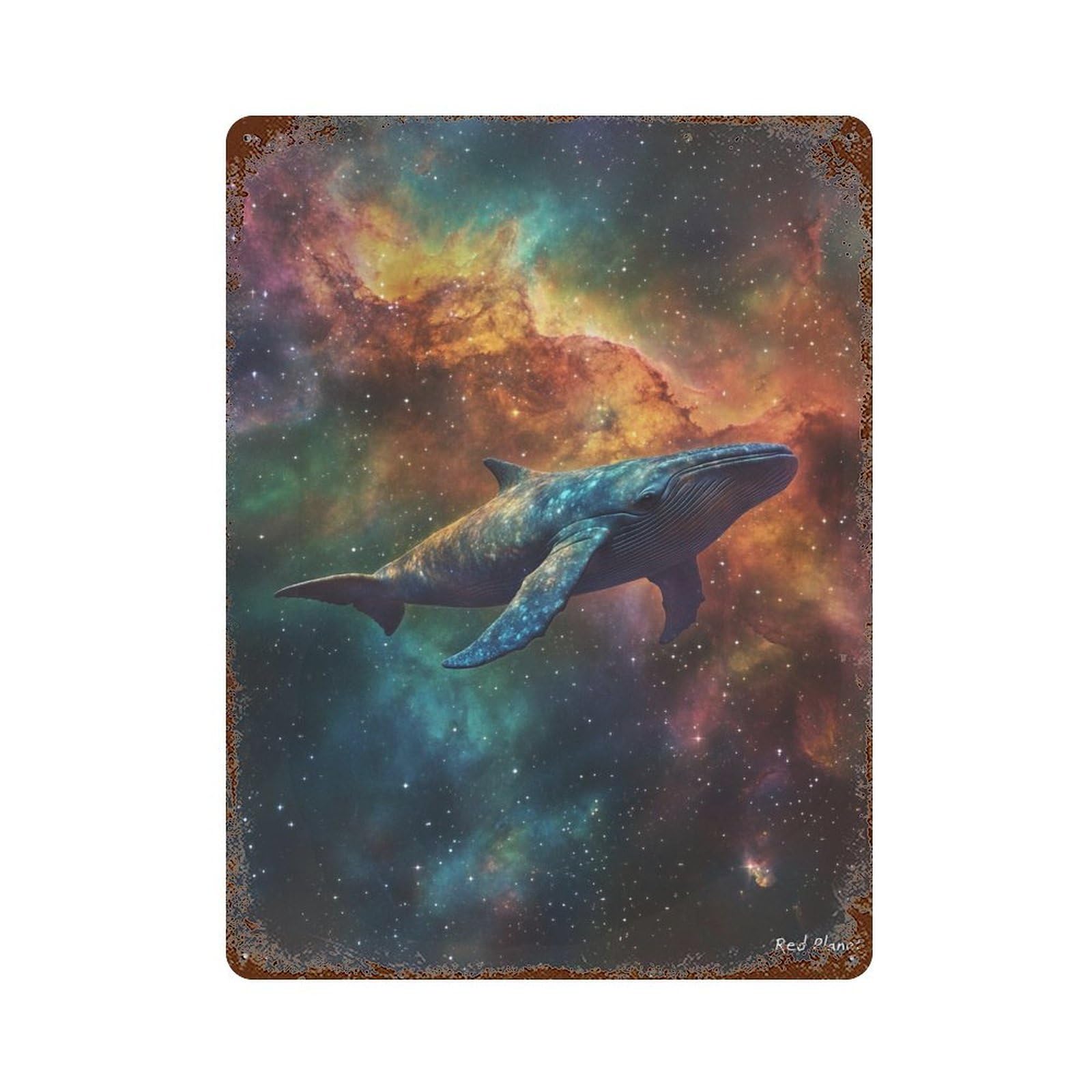 Whale in Space Distressed Metal Wall Sign 15.7"x11.8", Rustic Home Decor for Living Room, Hallway And Home Decor