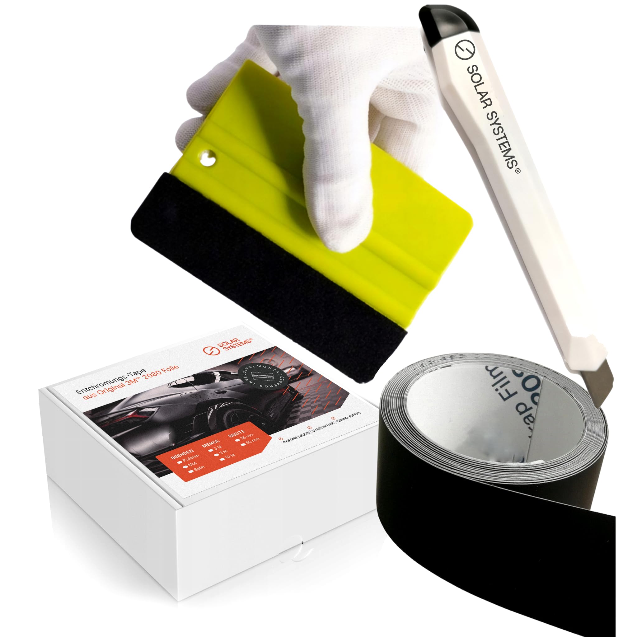 Solar Systems WRAP 2080 Selbstklebende Autofolie - Entchromung Klebeband + Rakel und Messer - Auto Tuning - Auto Folie Schwarz Matt 5cm x 10m