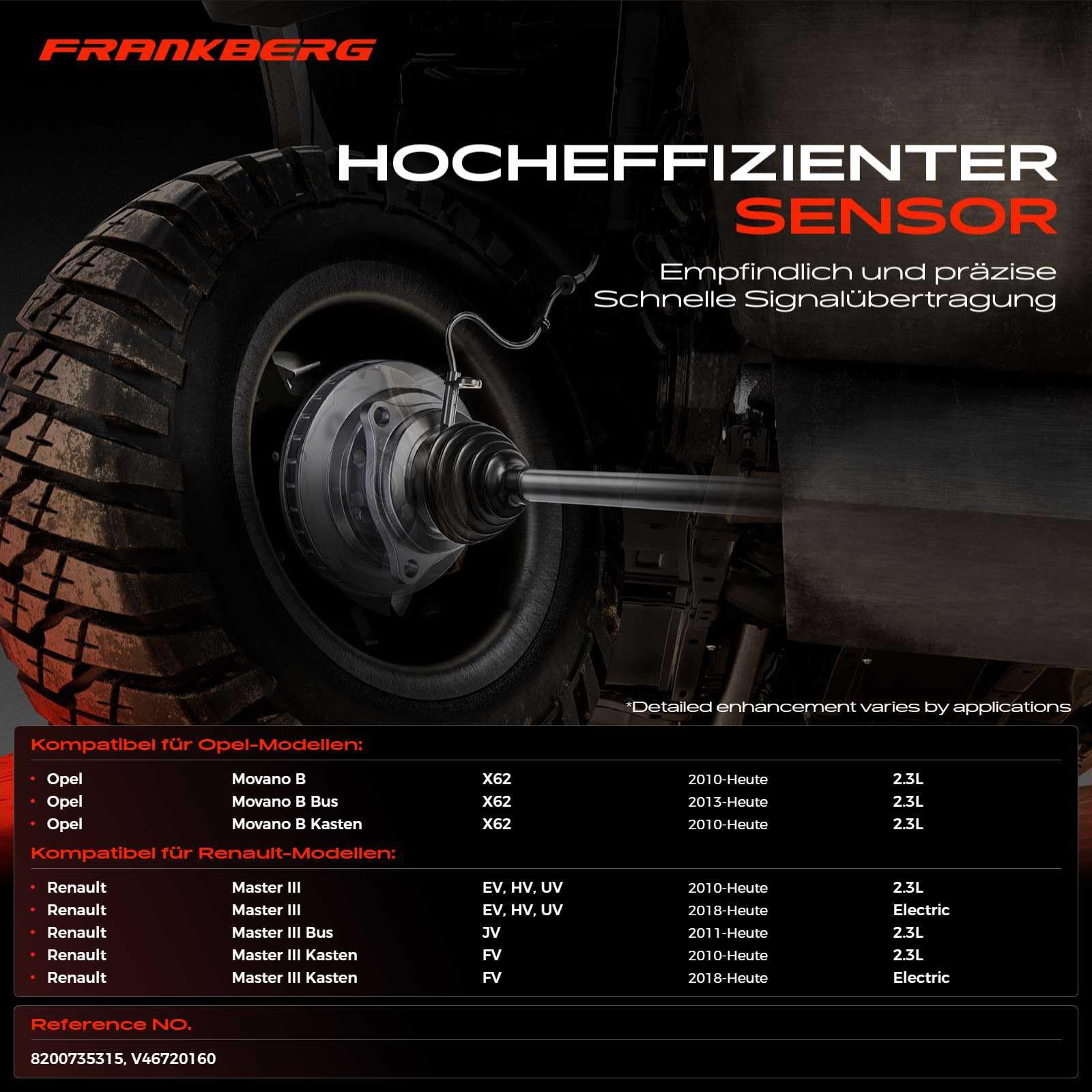 Frankberg Sensore Velocità Ruota ABS Sensore ABS 2-Poli Compatibile con Master III Bus JV Movano B Bus X62 Master III Pianale/Telaio EV HV UV Master III Furgone FV Movano B Kipper X62 V46720160