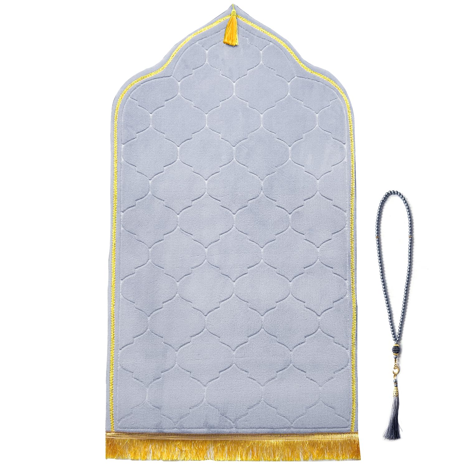 YumSur Prayer Mat Muslim Prayer Rugs with Prayer Beads Soft Flannel Islamic Prayer Mat Turkish Praying Carpet Large Size Area Rugs Ottoman Blankets Ramadan Gift for Men Women(Grey)