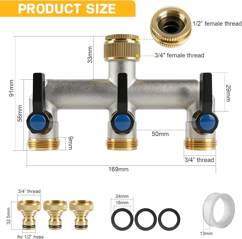 Distribuitor de apă cu 3 căi EXLECO din alamă, G3/4 cu adaptor de 1/2, cu robinet de închidere separat pentru robinet de grădină, mașină de spălat, irigare, cu robinet cu bilă