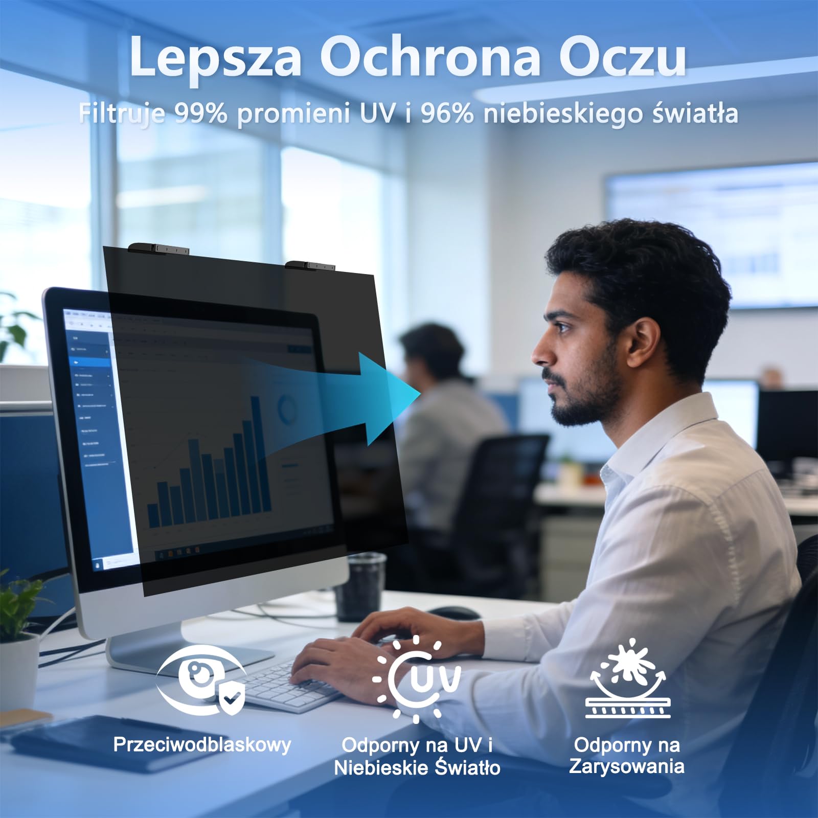 Filtr Prywatności do Monitora 24 Cali 16:9, 2 Sztuki, Zdejmowana Folia Antyodblaskowa, Ochrona przed Niebieskim Światłem, Kompatybilna z HP, Lenovo, Dell, Samsung, Asus