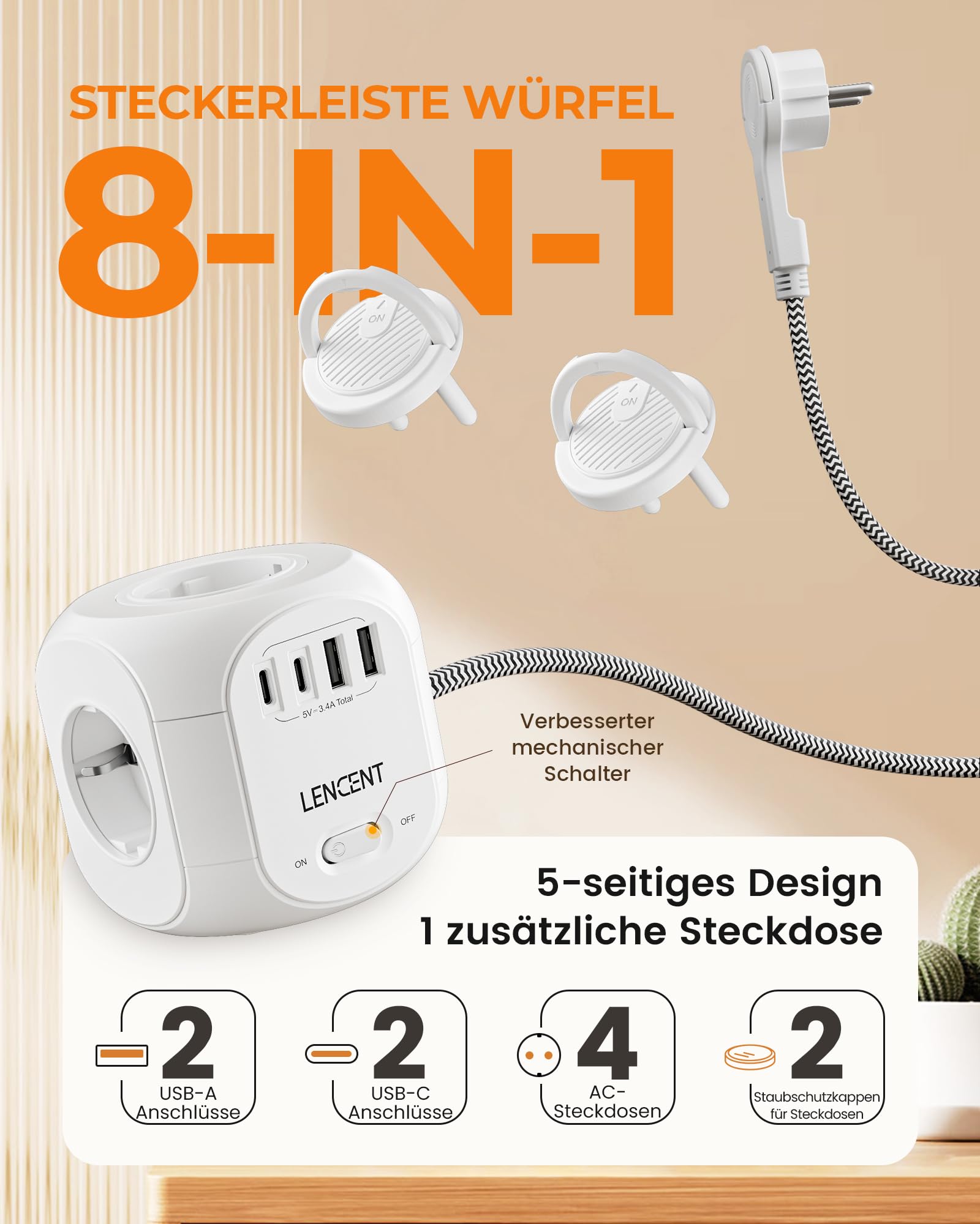 LENCENT 4 Fach Steckdosenleiste Flachstecker Steckdosenwürfel Mehrfachsteckdose 8 in 1 Cube Steckdose Steckerleiste mit 2 USB&2 Typ-C, Mehrfachstecker mit 2 Meter Geflochtenem Kabel für Wandsteckdose