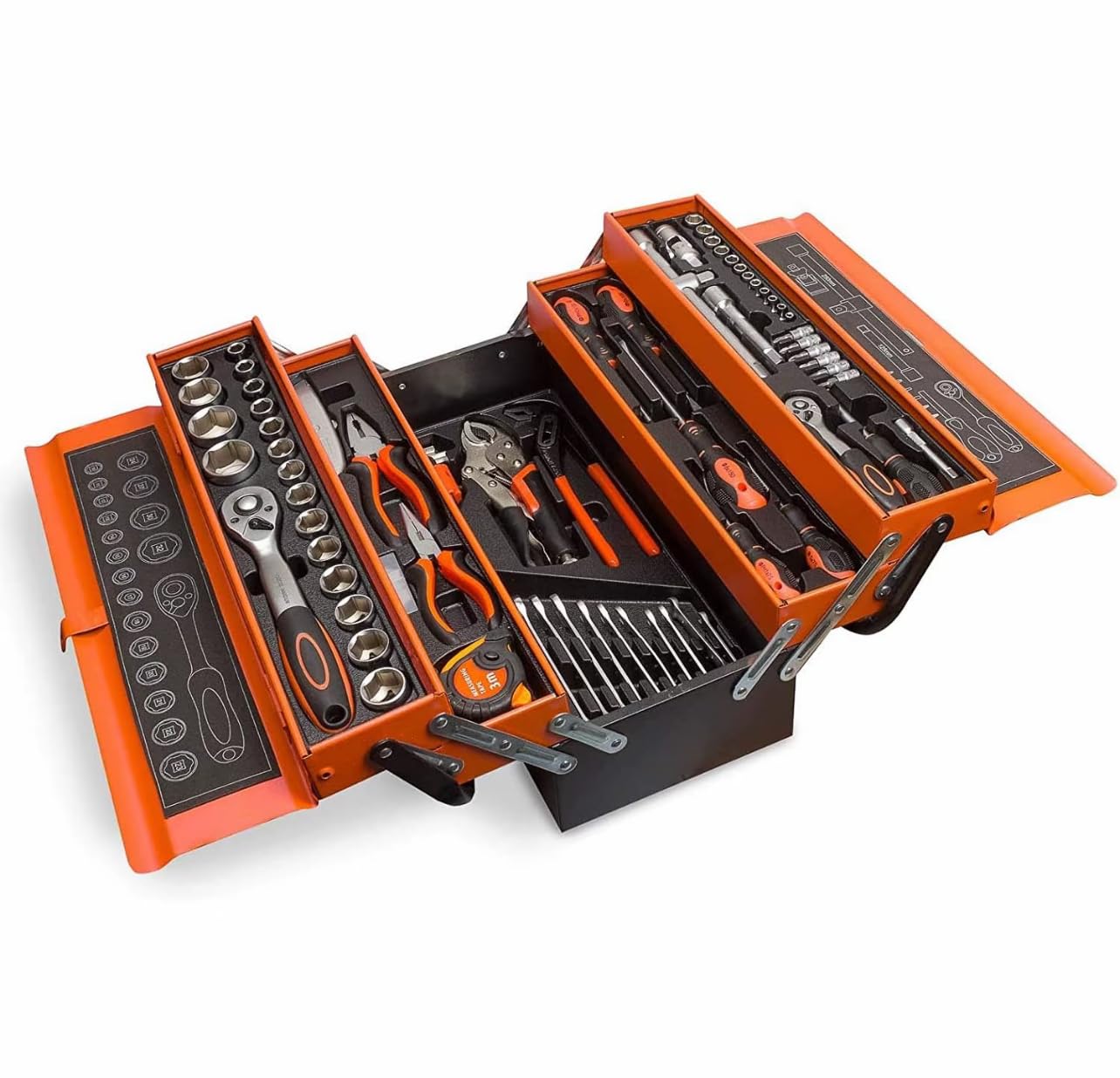 Cassetta Attrezzi Professionale in Metallo con 85 Pezzi, Set Utensili Completo con Chiavi a Bussola, Cricchetto, Pinze e Cacciaviti, Arancione e Nero