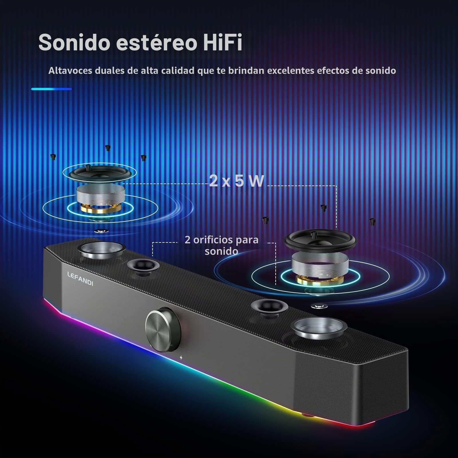 Altavoces PC Gaming Estéreo, Bluetooth 5.0, Alimentación USB, 3,5 mm Jack, para PC, Ordenador Portátil, TV - Negro