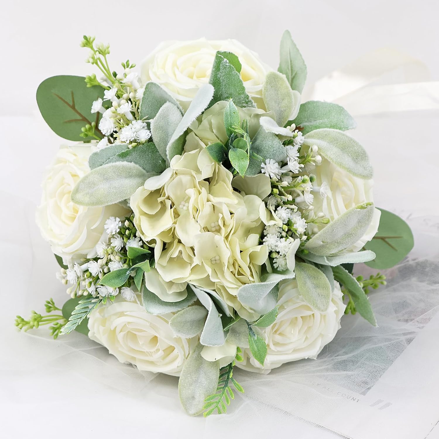 Set of 4 Bridesmaid Bouquets for Wedding - Silk Artificial Ivory Bridesmaid Flowers, Pre-Made Roses Sage Green Boho Bridal Floral for Bride Party Ceremony Anniversary Decoration - 9inch