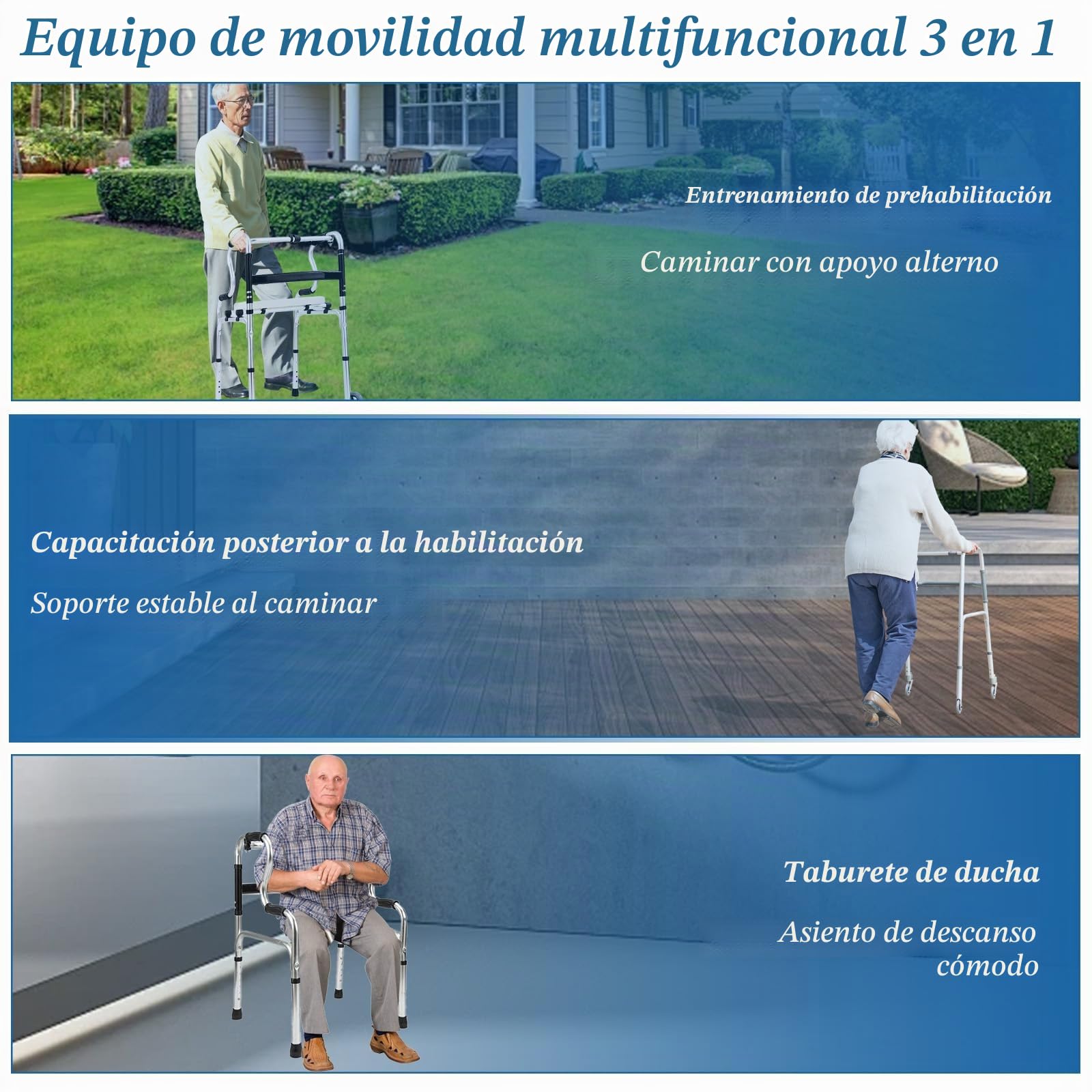 Andador para personas mayores, andador de aluminio regulable en altura con 2 ruedas giratorias, andadores plegables portátiles, andador con 6 posiciones de altura y asiento desmontable, hasta 150 kg