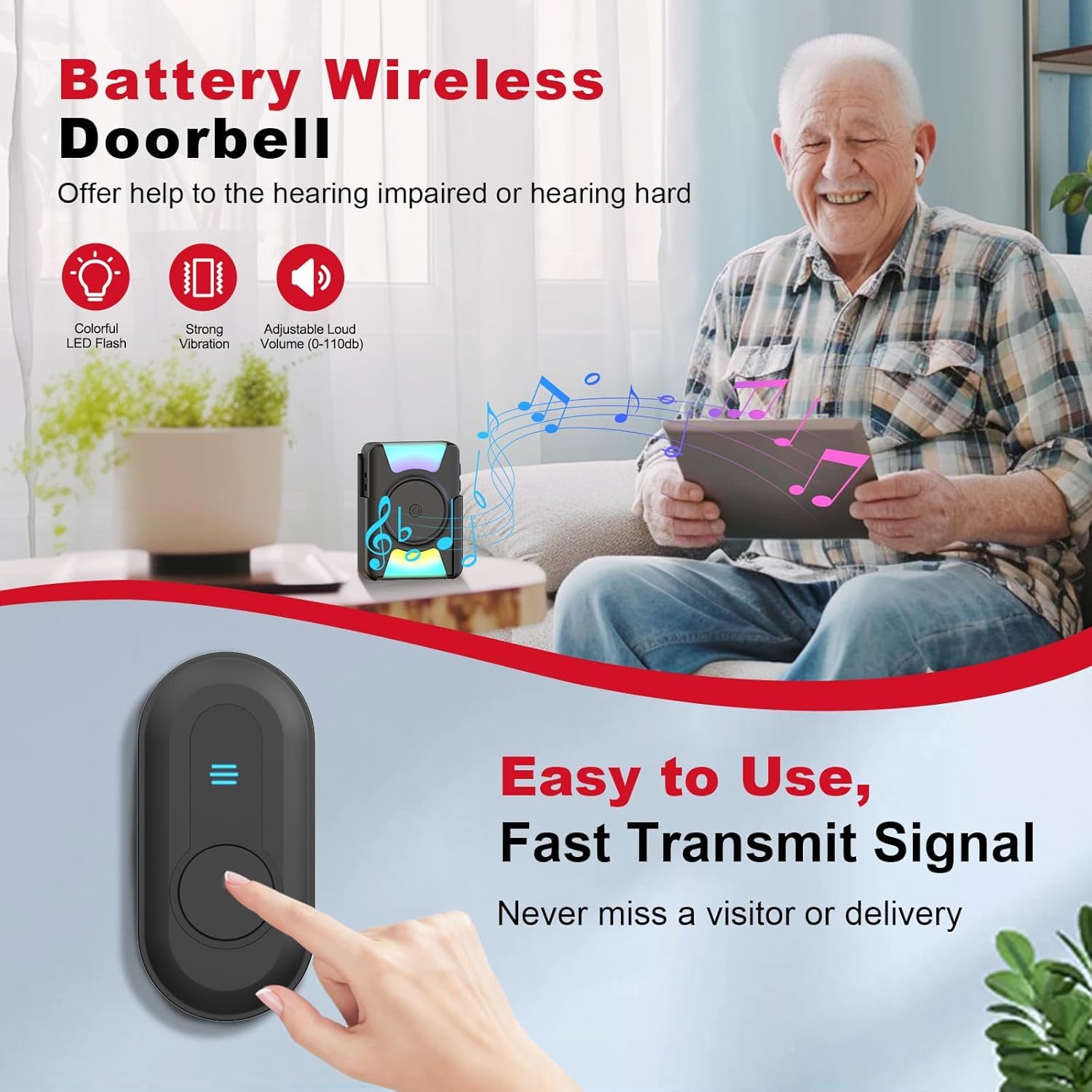 CallToU Sonnette pour malentendants avec vibration et lumière, alimentée par piles | Sonnette portable pour personnes sourdes, récepteur sans fil alimenté par batterie, 110 dB, 4 modes