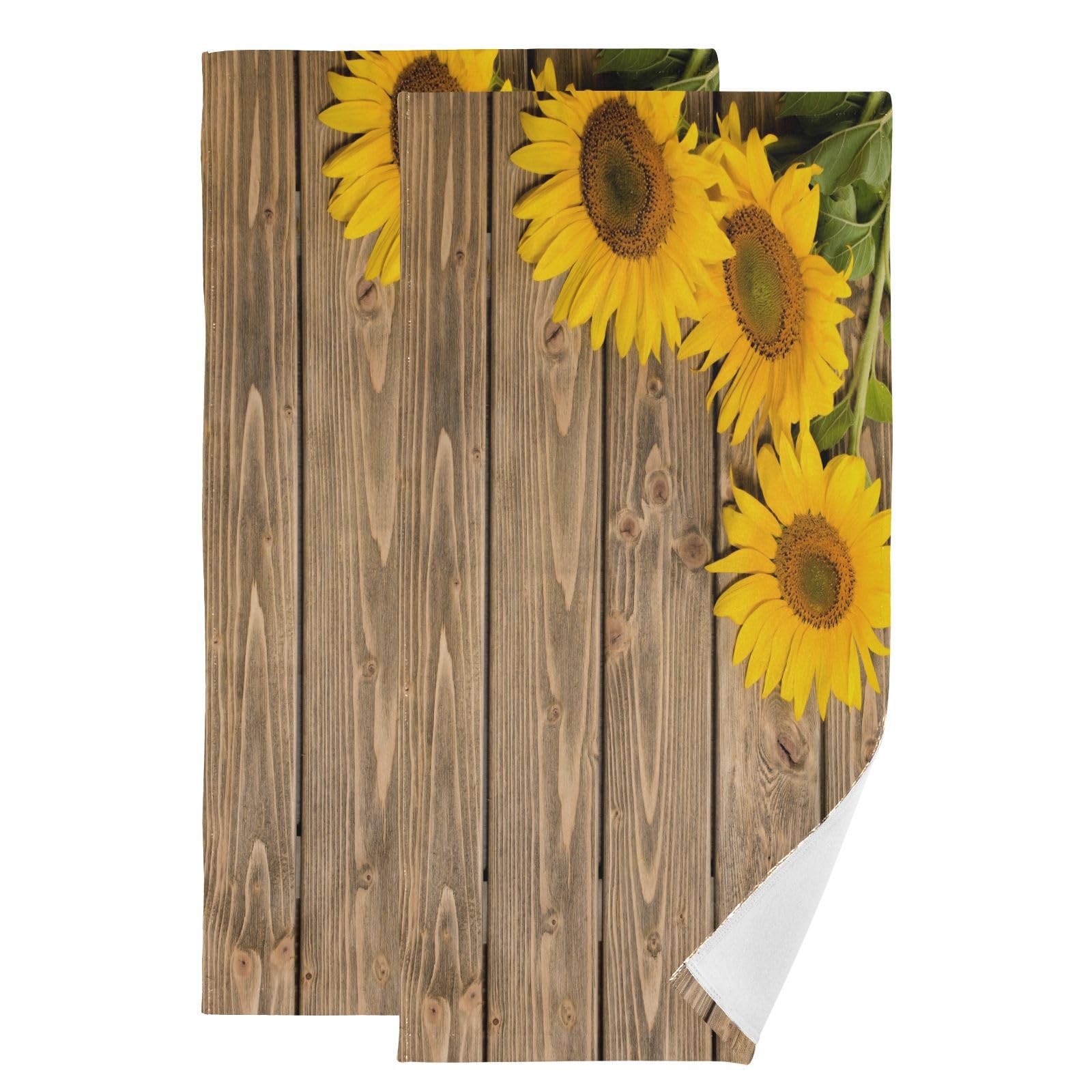 VIGGINER Sunflower Hand Towels for Bathroom Set of 2 Wooden Background Sunflowers Yellow Umber Decorative Bath Hand Towel Soft Absorbent Kitchen Dish Spa Yoga Guest 14.4"x28.3"