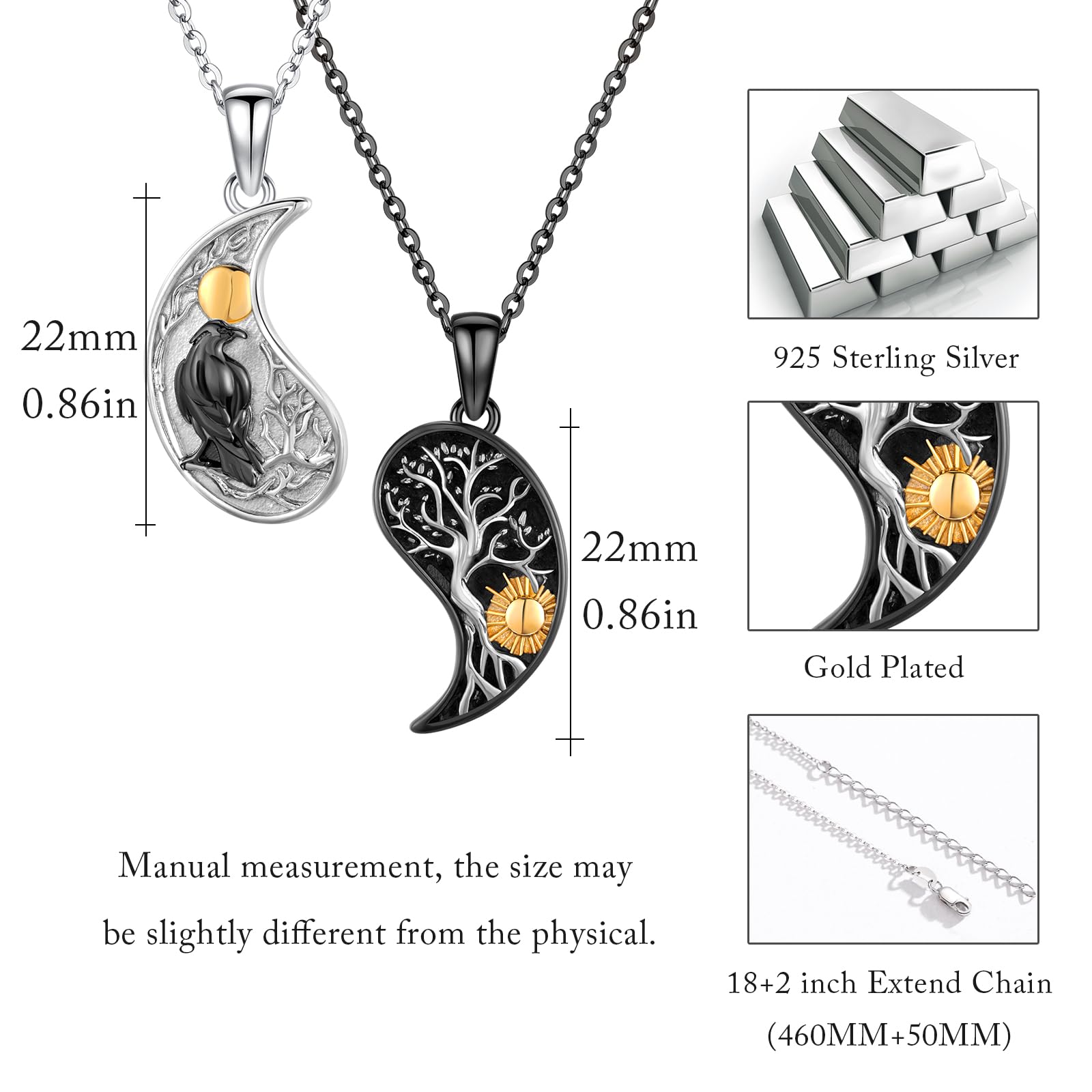 OHAYOO Yin Yang Halskette 925 Sterling Silber Anhänger Kette Partnerketten für Sie und Ihn Schmuck Geschenke für Damen Herren Couple