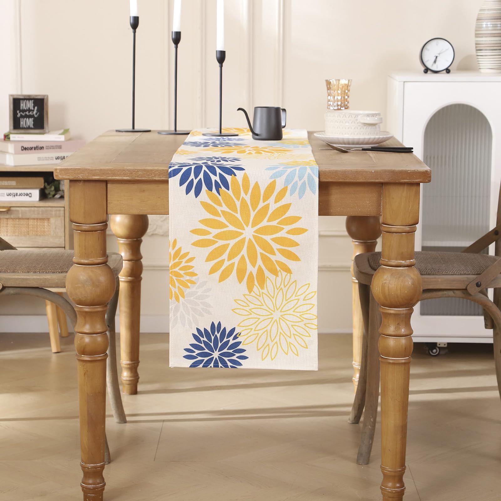 ViaElayu Chemin de Table Gris Dahlia Printemps Décoration de Table Moderne Lavable Décoration de Table Saisonnier Cuisine Table Couverture Intérieur Vacances Fête Décor 40 x 140 cm