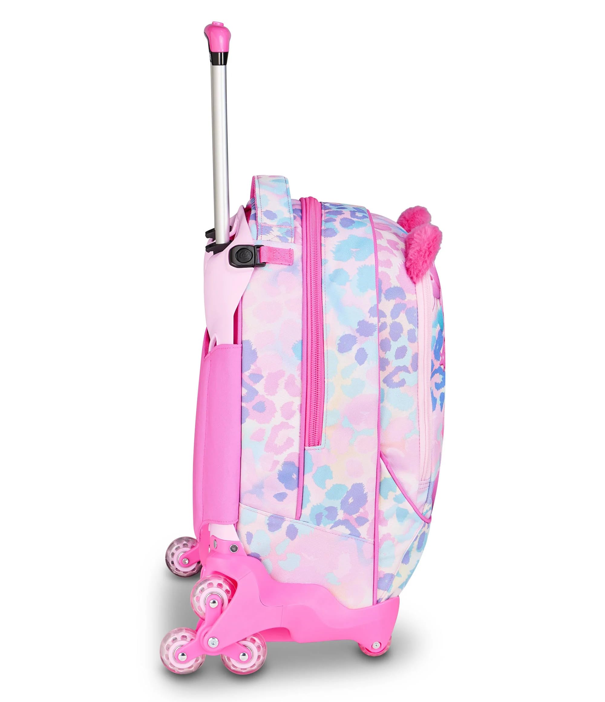Trolley Scuola Jack 8 Ruote con zaino staccabile Hearth Buddy Girl Gattino, 3 in 1 per Scuola Elementare Bambina + Astuccio 3 zip con cancelleria + 7 penne a scatto e portachiave pailettes