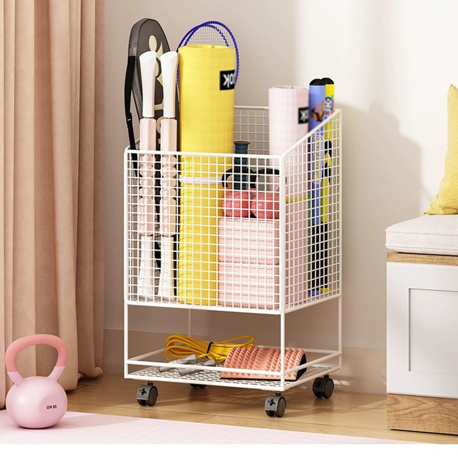 Soporte para Esterilla de Yoga, Estante Multifuncional con Ruedas, Organizador de Equipo de Fitness para el hogar, Ideal para Rodillos de Espuma, Bloques de Yoga y Accesorios (Blanco)
