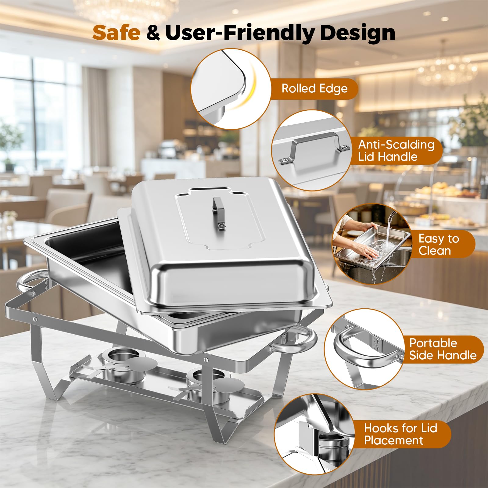 Chafing Dish Buffet Set 9L, 4pcs Edelstahl Warmhaltebehälter mit Deckel Lebensmittelpfannen und Brennstoffhaltern, Speisenwärmer für Catering, Buffet und Party Speisenwärmer