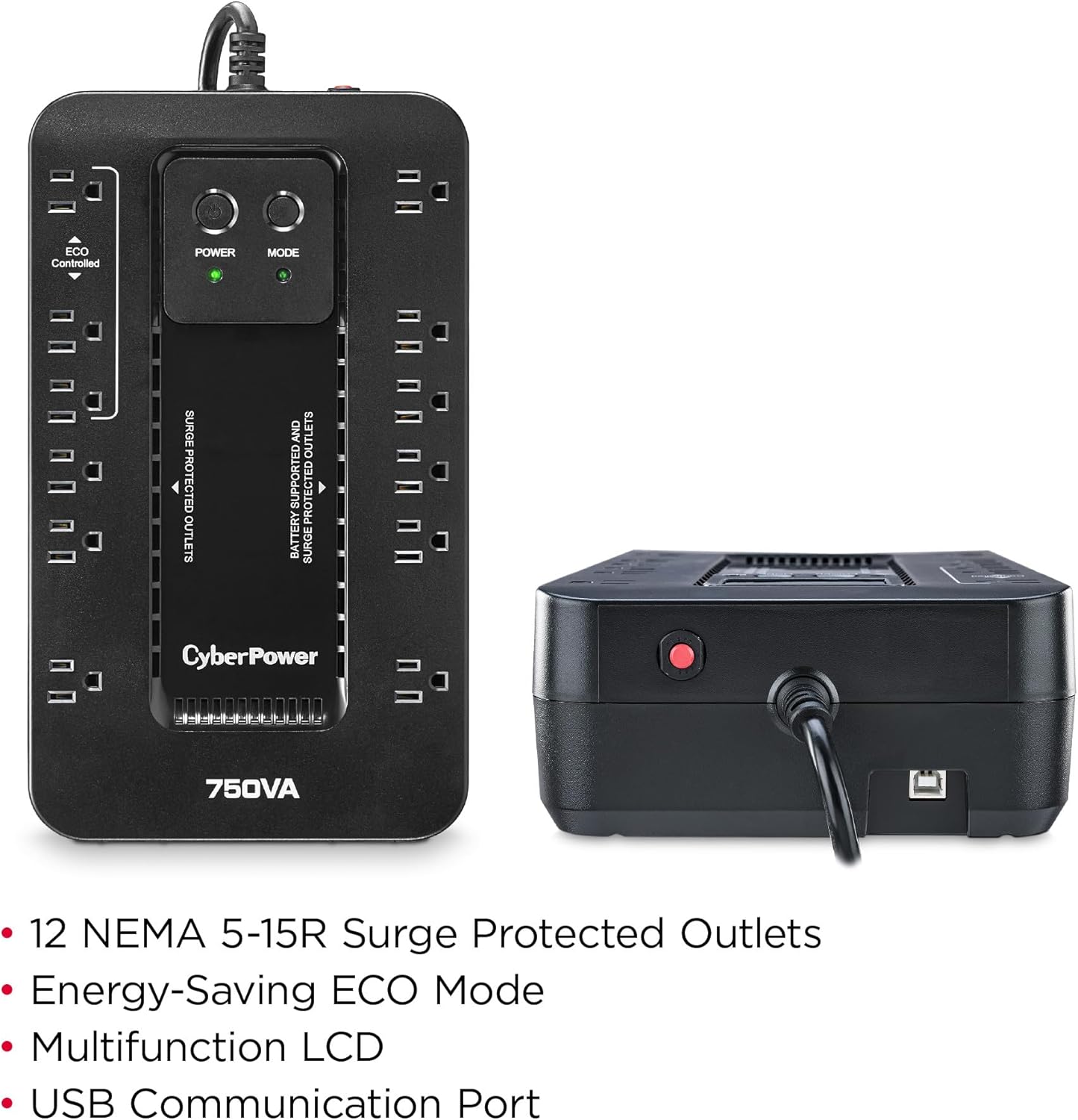 CyberPower EC750G UPS with labeled outlets and controls