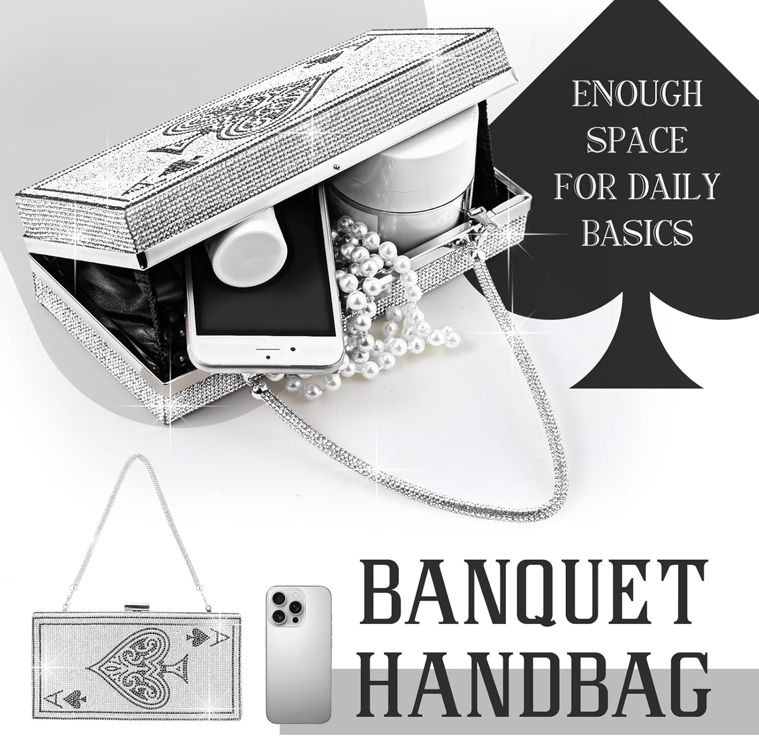 Casino Night Accessories for Women Poker Card Purse Playing Card Necklace Ace of Spades Earings with Rhinestones Las Vegas Outfits for Women for Casino Night Parties Supplies, Gifts - Image 3