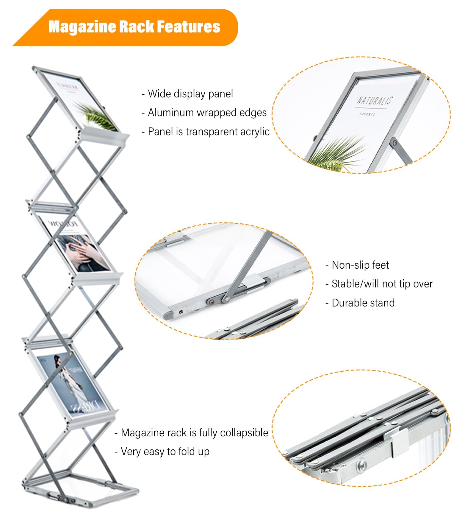 Expositor portátil de folletos de 3 Niveles: Soporte metálico con Paneles Transparentes, Soporte de Suelo para revistas, folletos, Uso en Oficina y comercios. Organizador con un diseño elega