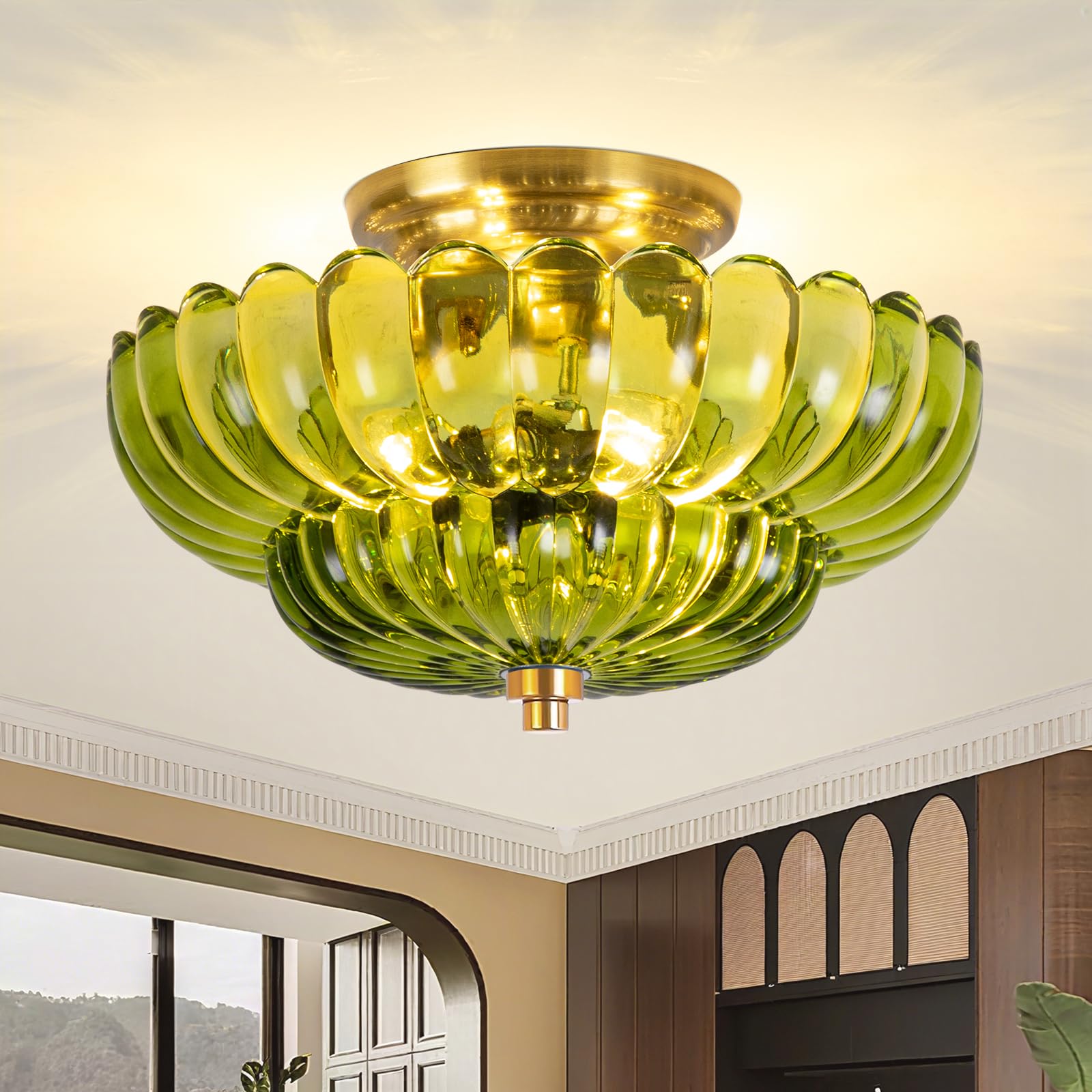 Lampa sufitowa w stylu vintage z kloszem, zielone szkło, E27, 30 cm, pół-prosta, zielona lampa sufitowa w stylu vintage, kwiaty, szkło, do sypialni, korytarza, kuchni, jadalni, salonu