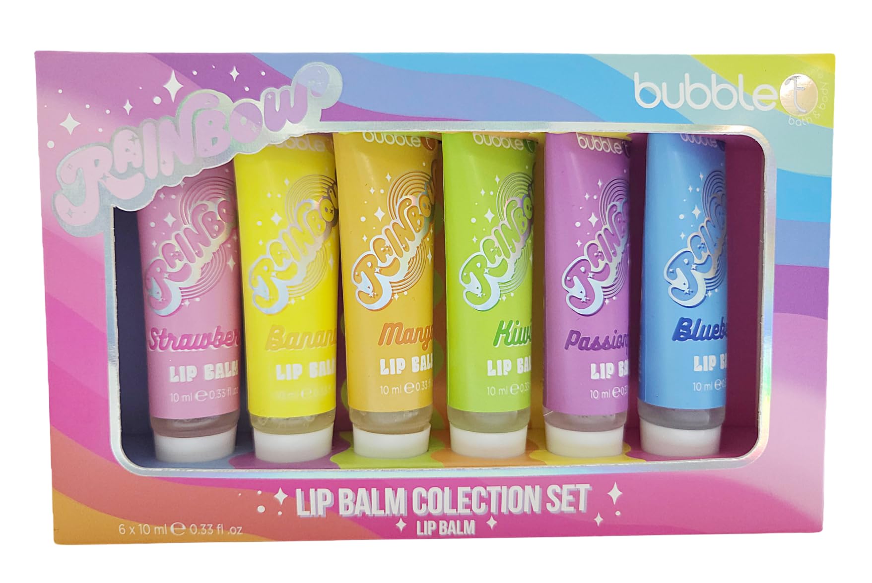 Bubble T Rainbow Lip Balm Gift Set, 6 Pack Fruity Flavours, Vegan Formula, Moisturising, 10ml Each