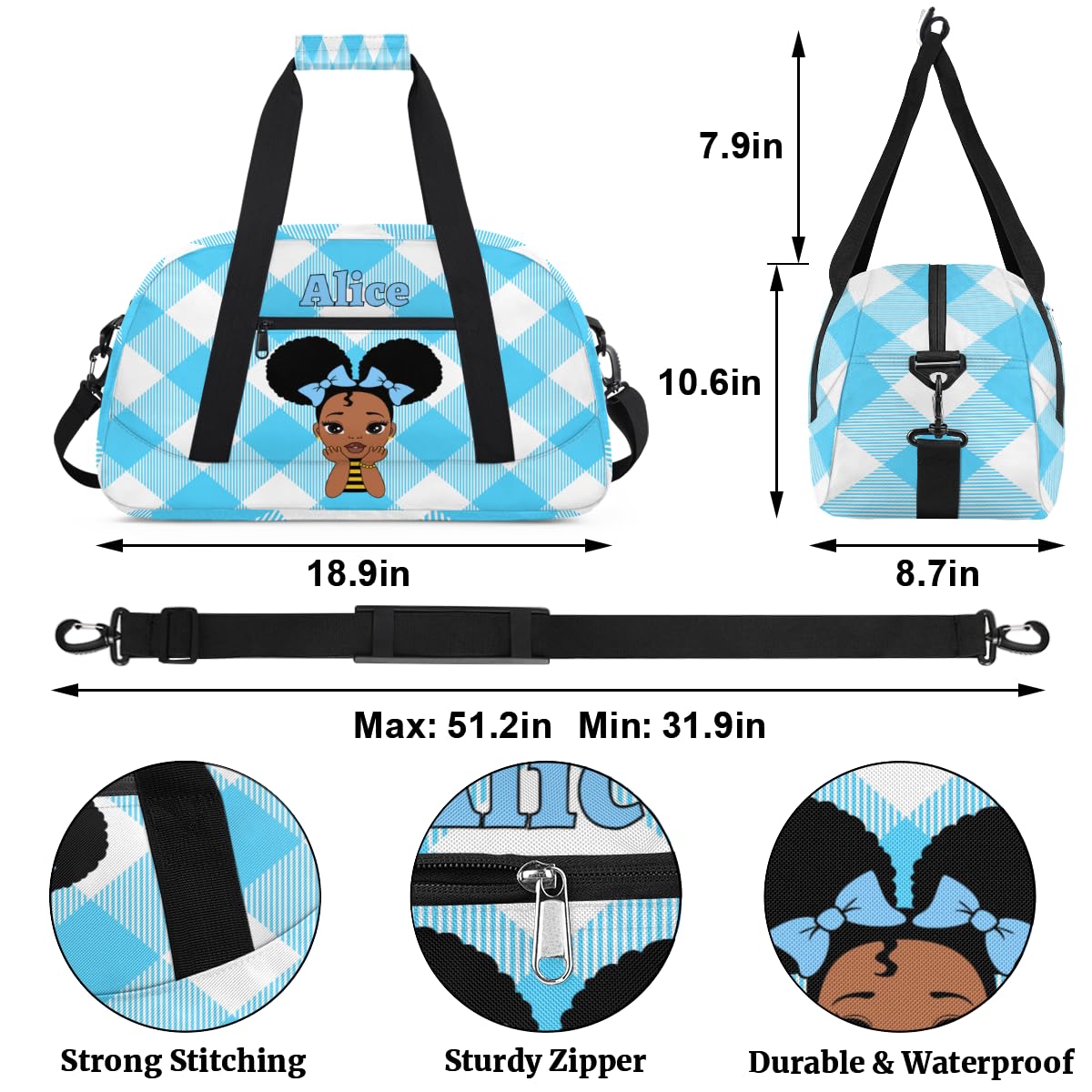 Personalized Dance Bag for Girls,Custom Duffel Bag Sport Gym Bag,Travel Weekender Overnight Duffle Bag,Customized Gift for Girls Black American Girls