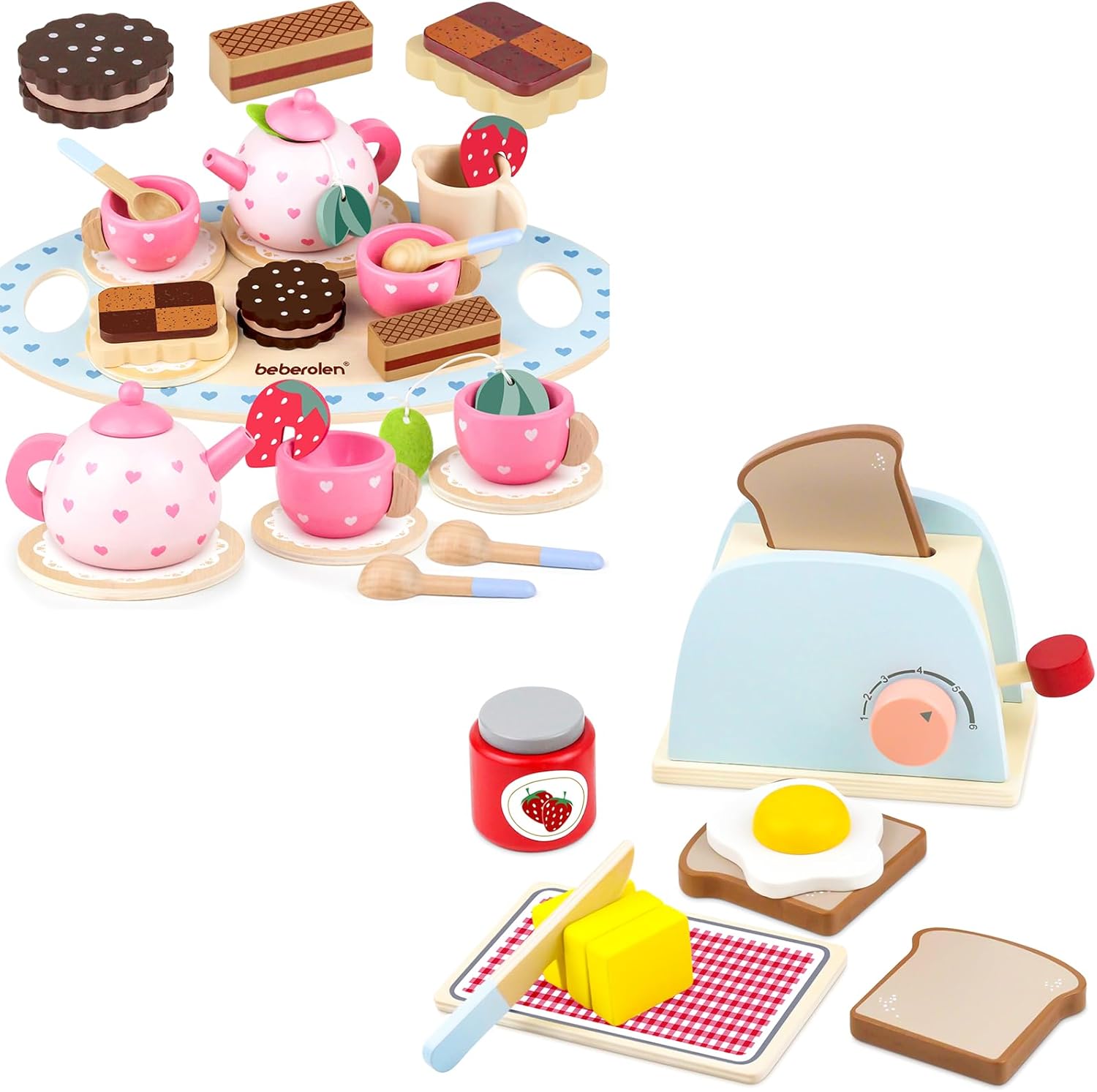 Wooden Tea Party Set Princess Toys and Wooden Toaster Play Kitchen Accessories Toys