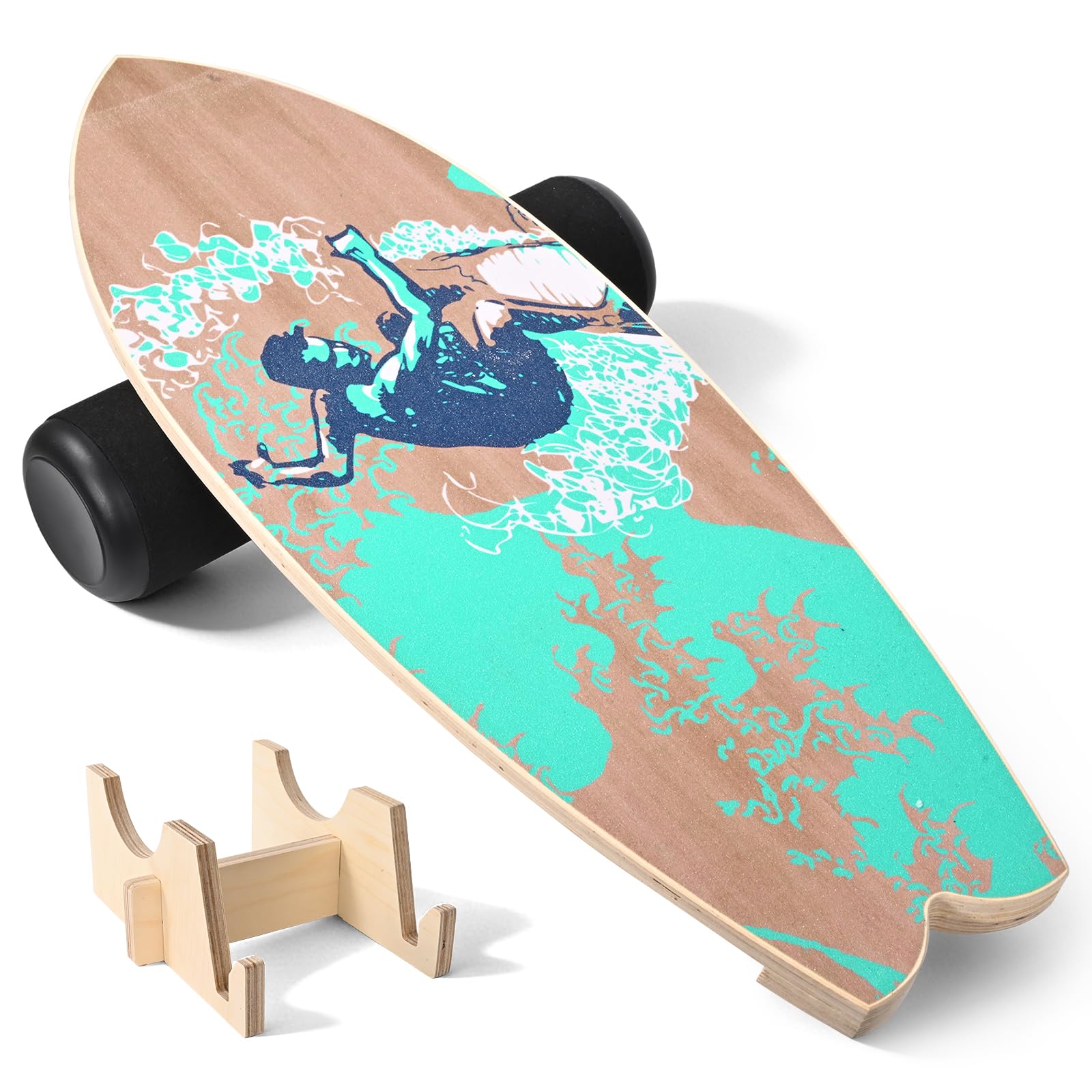 Balance Board Holz 75x28cm Balance Board Kinder Surfbrett Surf Balance Wackelbrett, Balanceboard Wackelbrett mit Rolle & Stand für Core Training Gleichgewichtsboard & Koordination