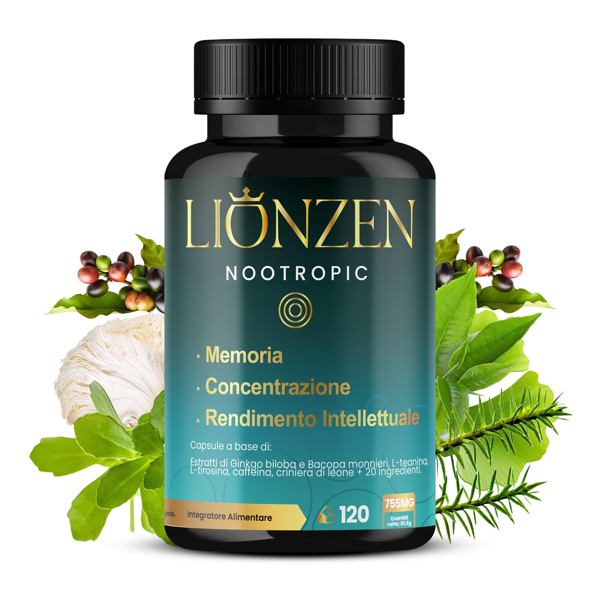 Nootropico concentrato Memoria e Concentrazione | +23 ingredienti naturali: Bacopa, Ginkgo Biloba, Caffeina, Hericium Erinaceus, Vitamine, Magnesio, L-Tirosina, Ashwagandha, Ginseng