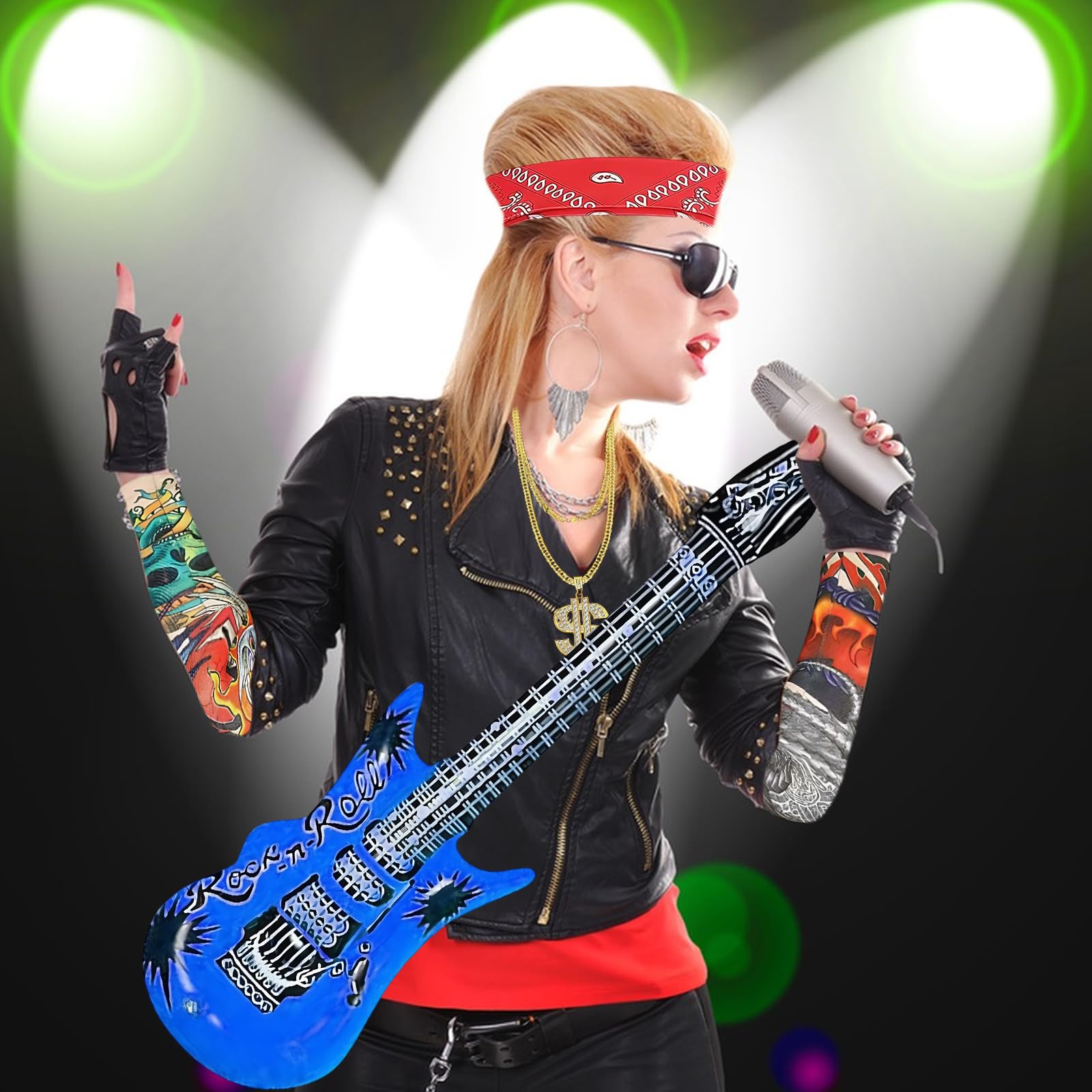 Kighdel Rockstar Fancy Dress-8PCS Punk Accessories Gothic Rock Star Costume Outfit with Blue Guitar, Sunglasses, Headscarf - Image 3