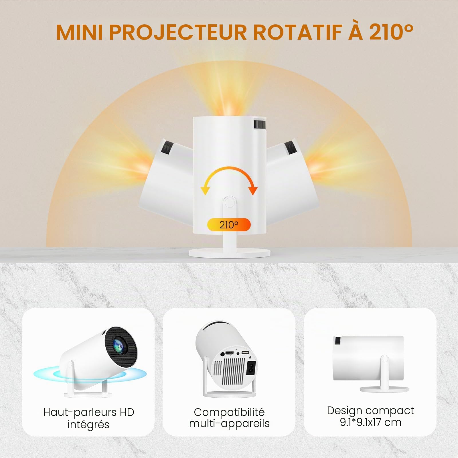 Mini projecteur HY300 Pro, projecteur portable avec double bande WIFI6 5G sans fil 5.4 Bluetooth, projecteur intelligent prend en charge 4K 1080p, correction automatique de la distorsion trapézoïdale