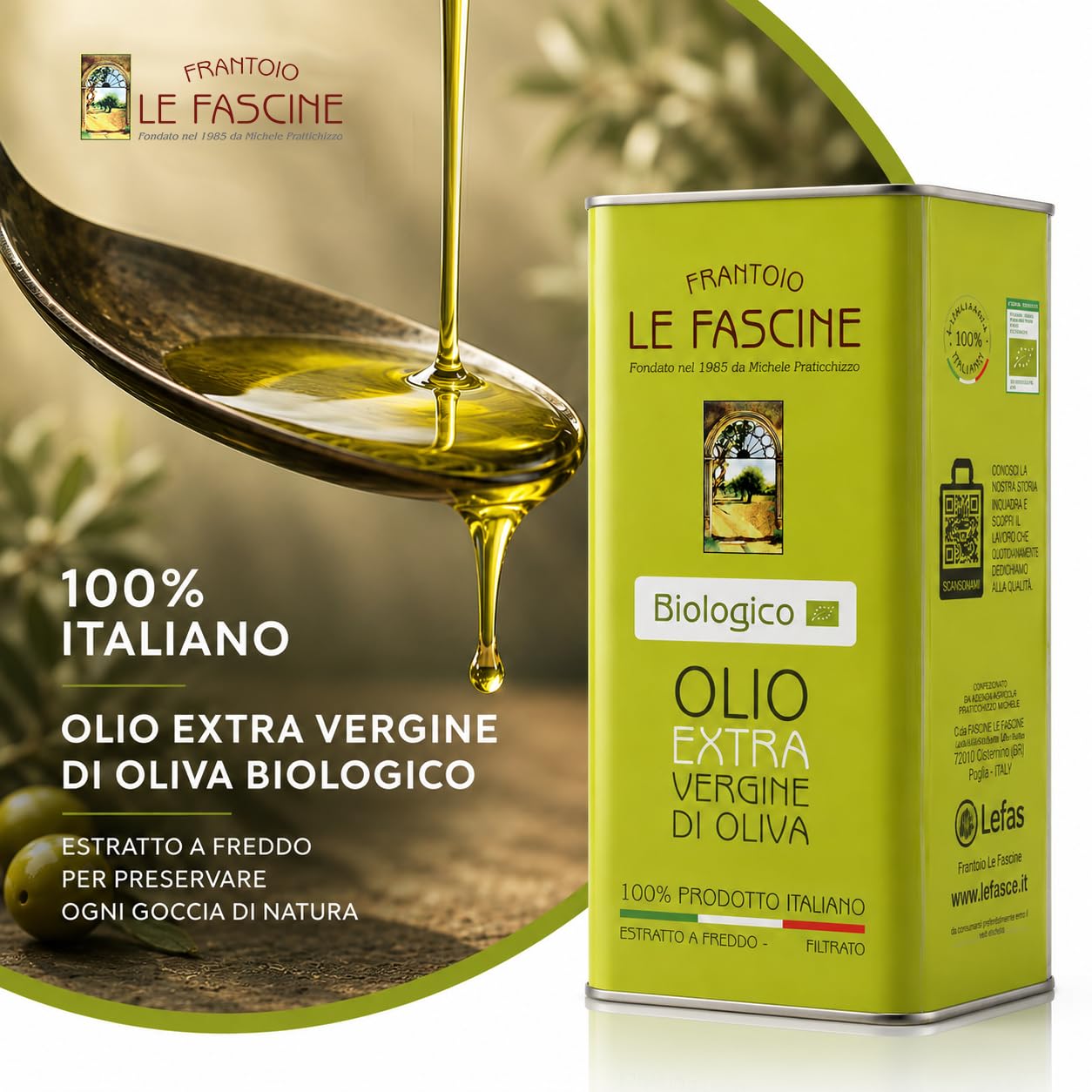 Le Fascine Olio Extravergine d'Oliva Provenzale Biologico 100% Italiano Prodotto da mono cultivar Provenzale (Latta da 3 Litri)