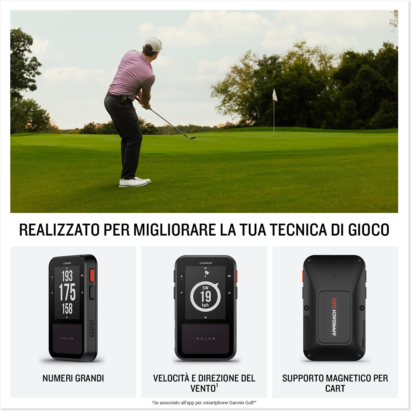 Garmin Approach G20, Portatile GPS per il Golf, Ricarica Solare, Mappe di 43.000 Campi Internazionali Precaricate, Display 2,2", Autonomia Potenzialmente Illimitata, Moschettone incluso
