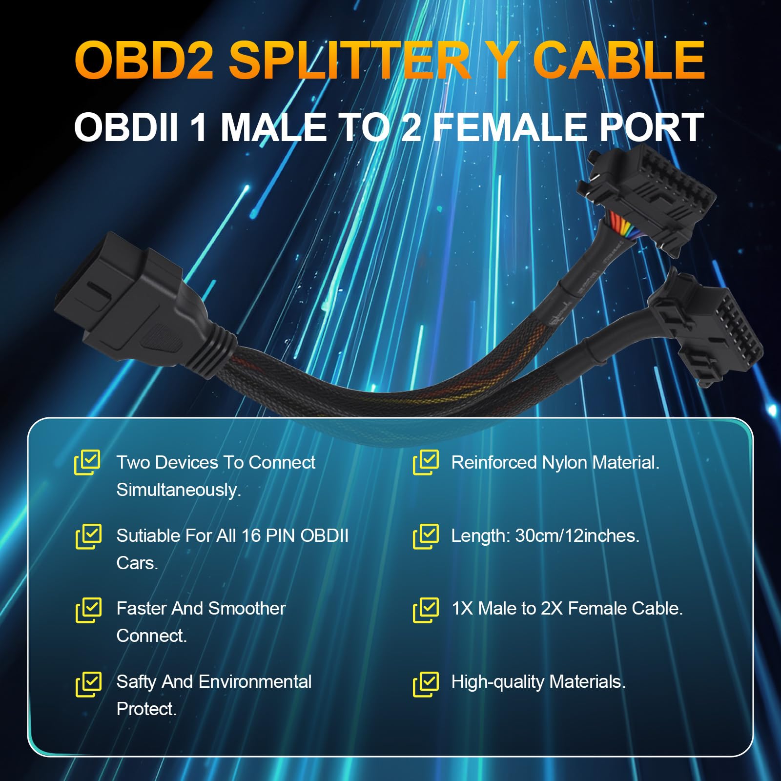 Cavo splitter a Y di estensione OBDII, adattatore diagnostico da maschio a 16 pin femmina doppia, schermatura intrecciata